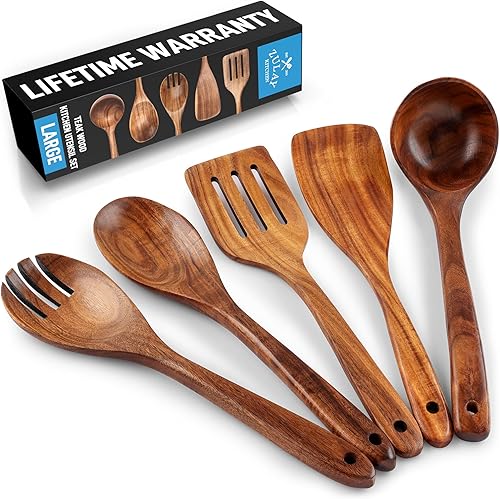 Miniatura 13 de Zulay Kitchen Juego de 7 cucharas de madera para cocinar – Utensilios de teca lisos resistentes al calor con agarre cómodo – Ligeras y duraderas –