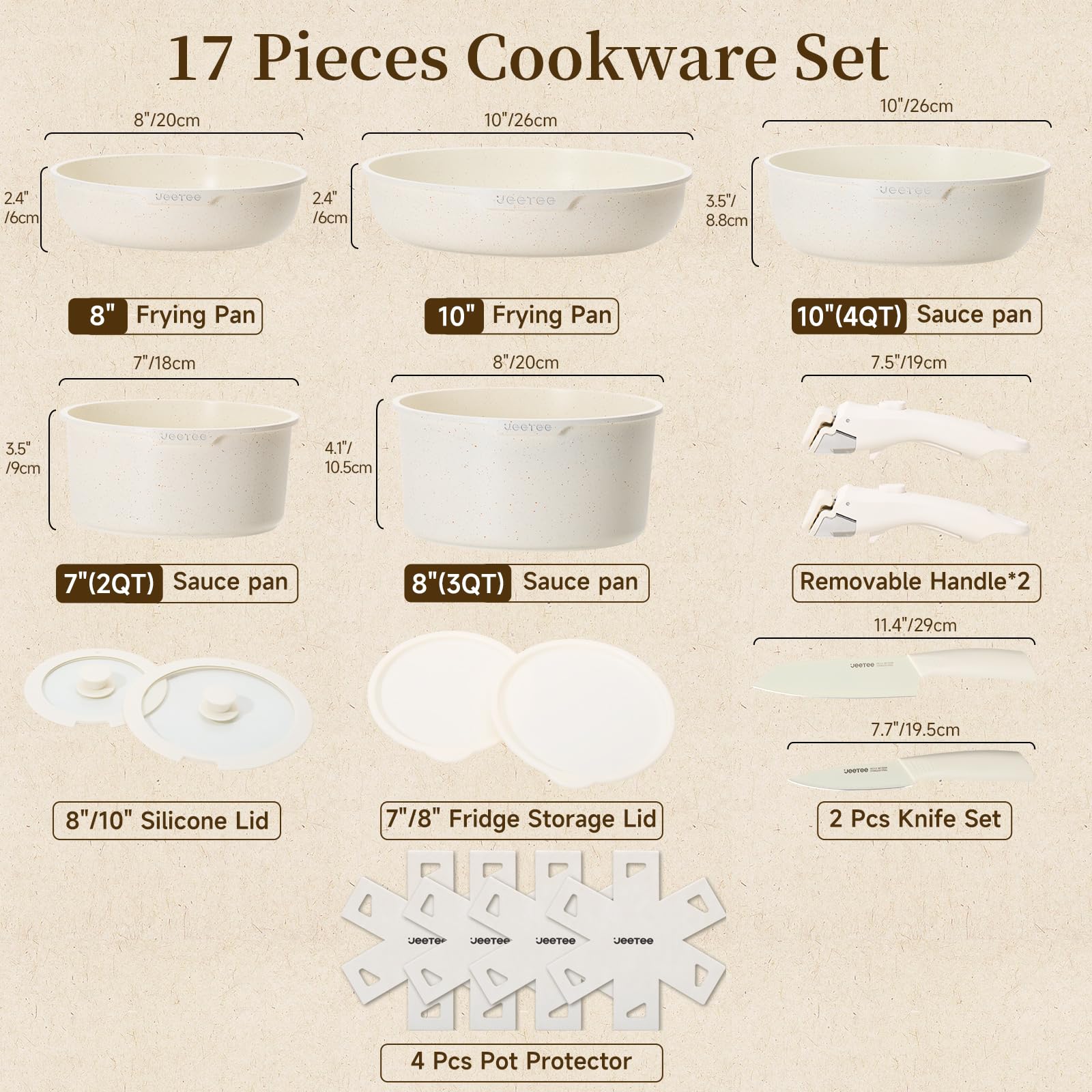 JEETEE Set Pentole Induzione 17 Pezzi, Set Padelle Antiaderenti con Manici Rimovibili,Padella 20/26cm,Padella Profonda 26cm,Casseruola 18/20cm, Impilabile, Per Tutti i Piani Cottura, Adatto al Forno