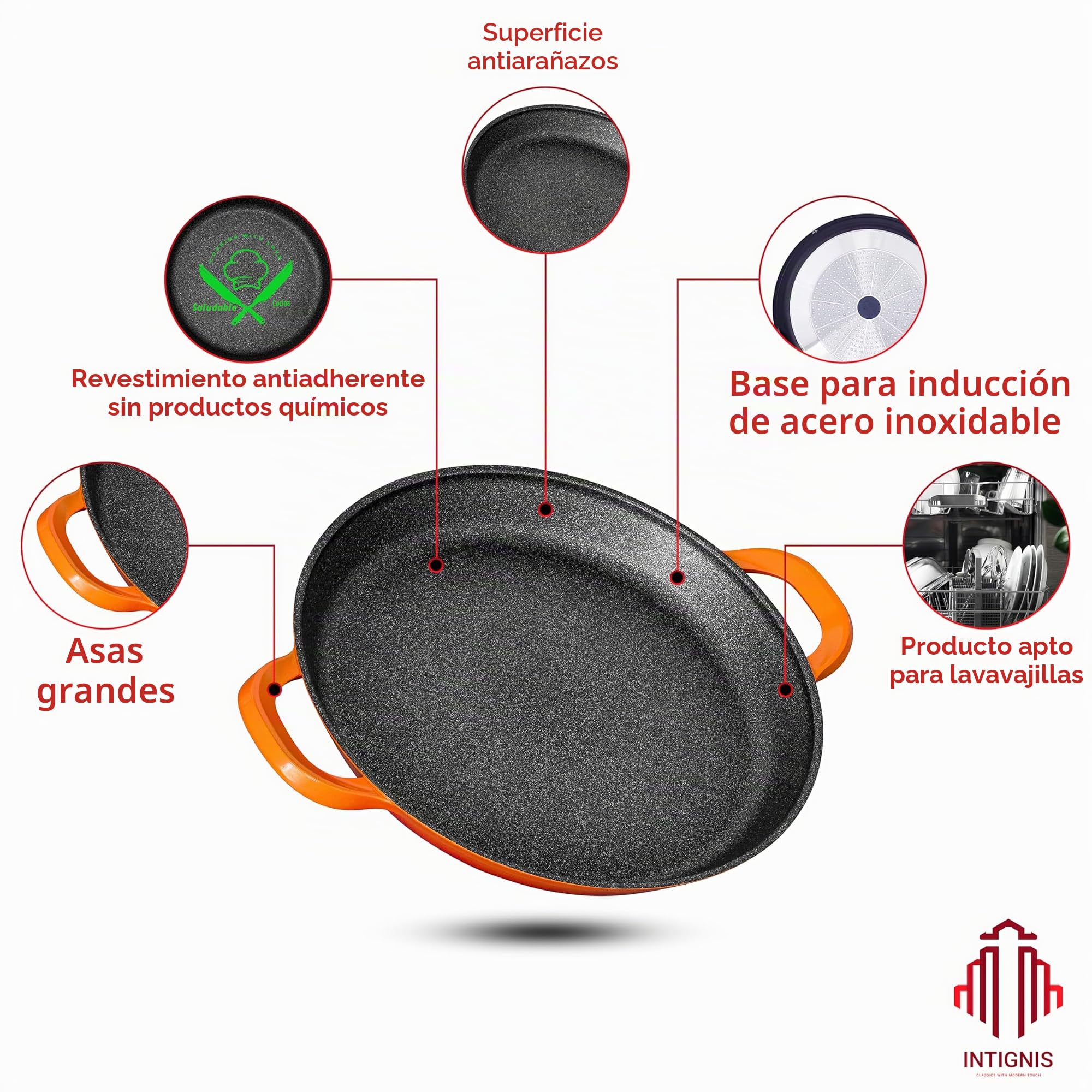 INTIGNIS Paella 40 cm - Aluminio - induccion - fuego para paella gas -Electrica - Tarea Pesada