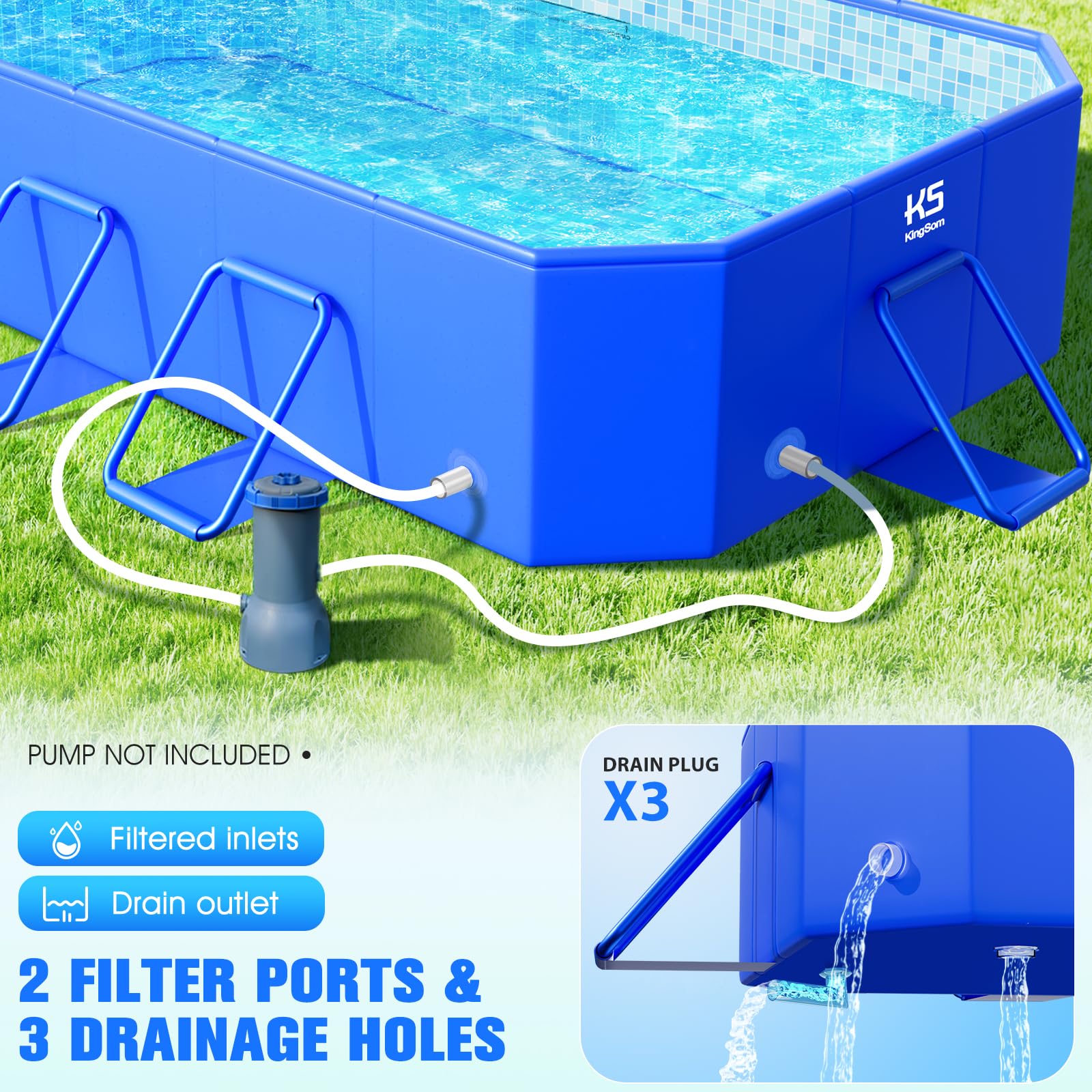 KingSom Rectangular Frame Pool,Faltbarer Schwimmbecken, Aufstellpool Rechteckig Groß,Überdimensionale Verdickung, Gartenpool,Schnelle Installation Swimmingpool Schwimmbad für Garten, 300 x 185 x 51 cm