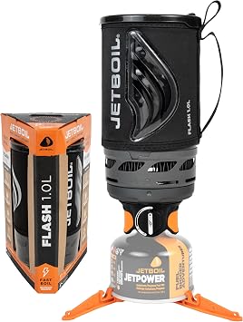 Jetboil Flash 1.0L Portable Fast Boil Stove for Camping and Backpacking with 1-Step Auto Ignition, Propane/Isobutane Burner with Cooking Cup, Carbon
