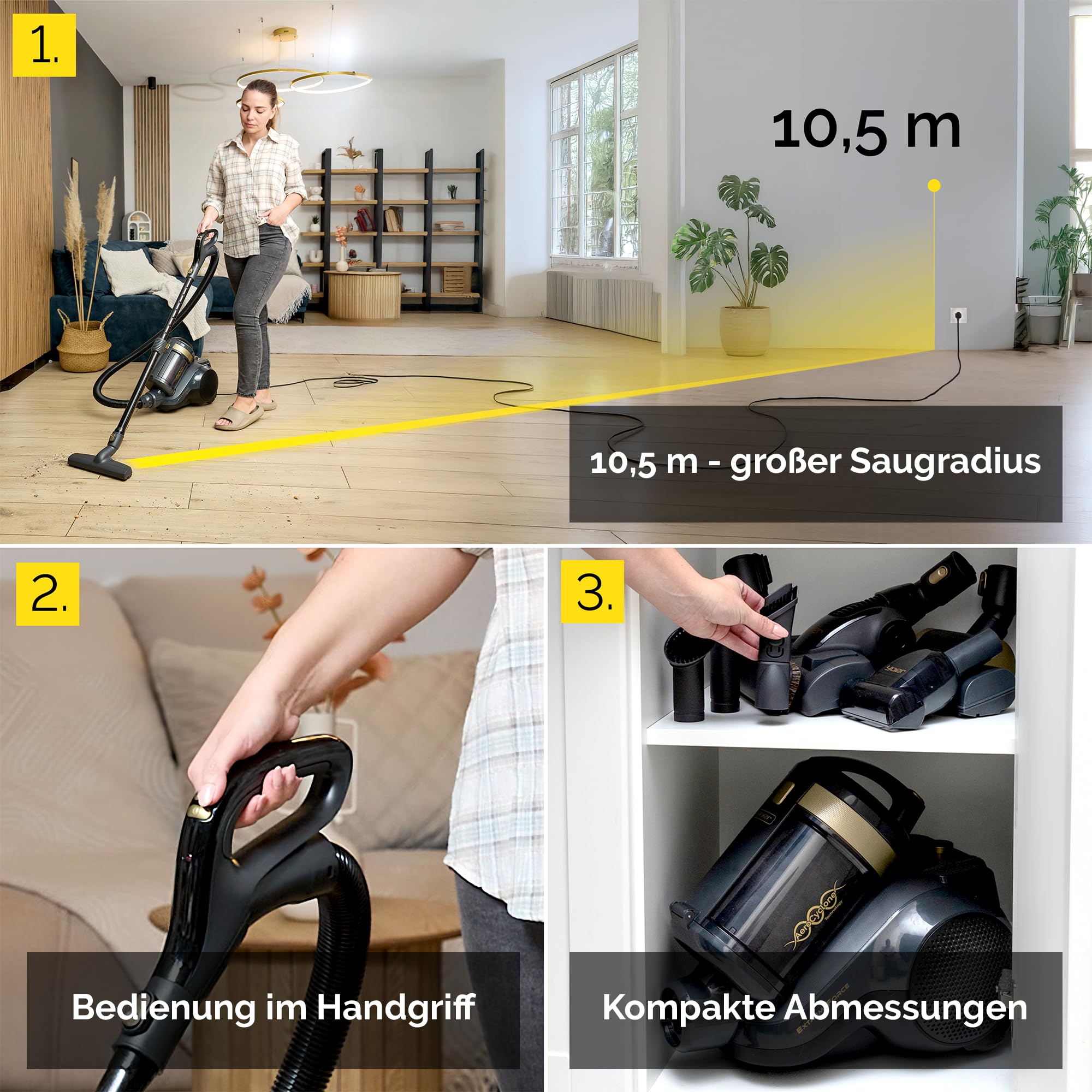 YOER Staubsauger ohne Beutel, 900 W, 10,5 m Aktionsradius, HEPA-10-Filter