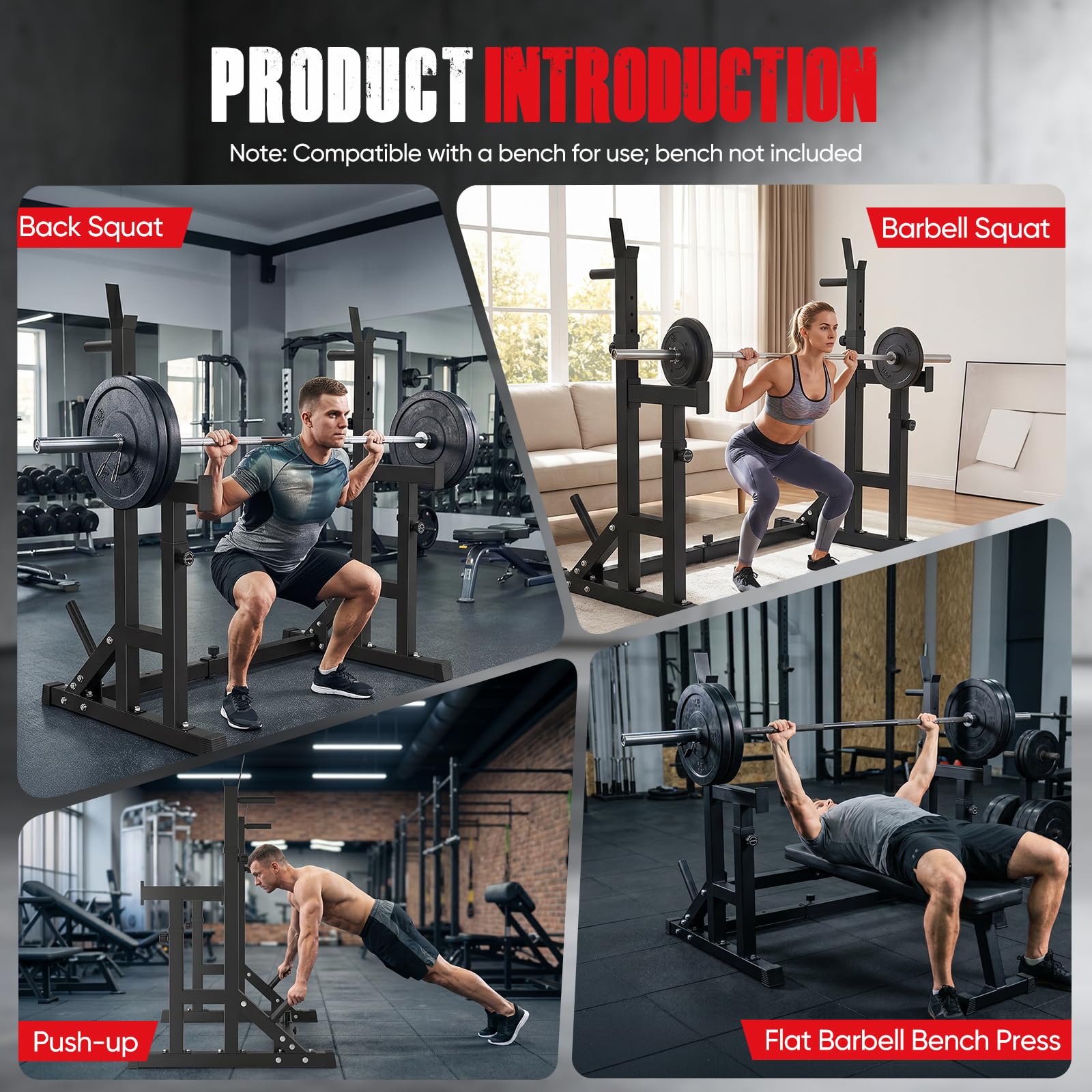 Squat Rack Hantelständer, Multi-Funktionales Langhantelständer, Höhenverstellbare Doppelte Langhantelablage mit Push up, Trainingsgerät für zu Hause, Multifunktionsbank. bis 400 KG
