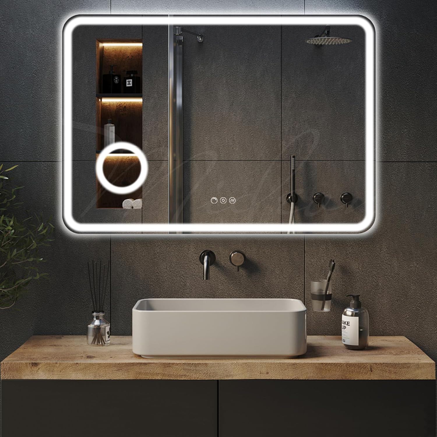 40-inch x 28-inch LED Bathroom Mirror with Anti-Fog, Touch Control, 2700K-6500K Adjustable Light, IP44 Waterproof, 5mm Tempered Glass, and Magnification Function.