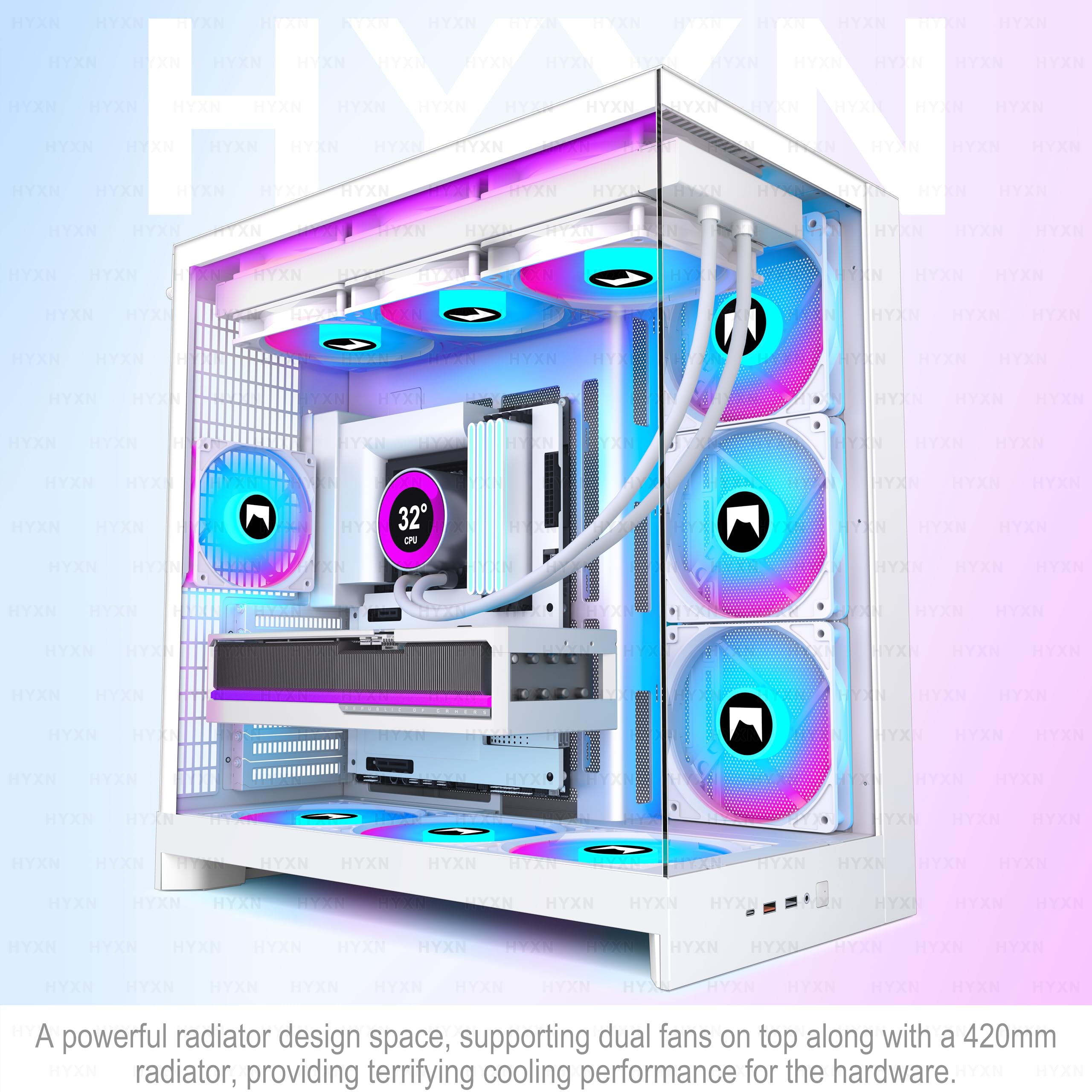H2(2026)HYXN Boitier PC–Avec 8 Ventilateurs PWM RGB(6x140mm et 2x120mm)Grand boîtier PC ATX Mid-Tower à Double Chambre pour Flux d'air,prise en charge d'un Radiateur de 420mm,Type-C 3.2(Blanc,H2-ARGB)