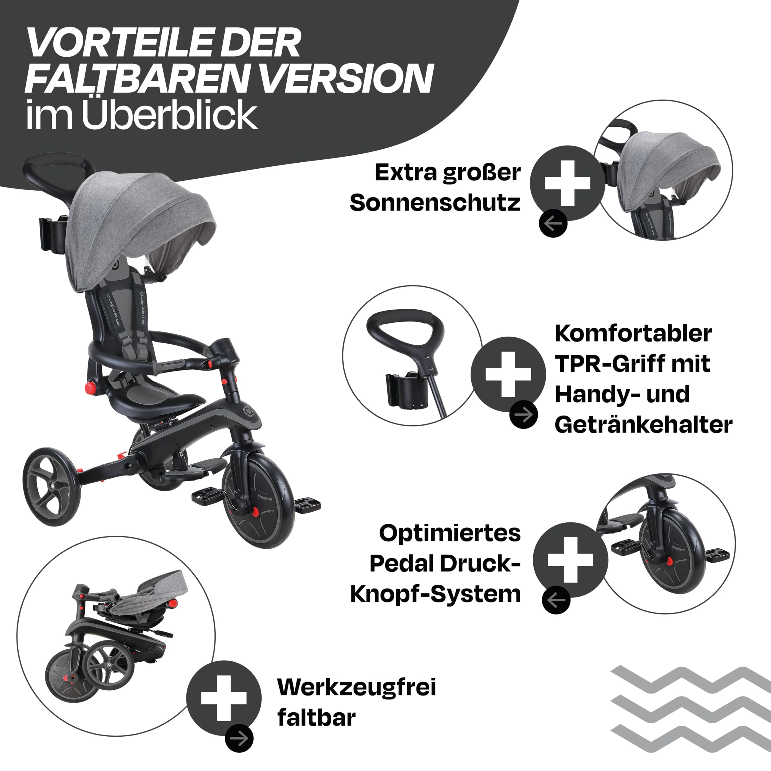 GLOBBER Explorer Trike Foldable 4in1 schwarz-grau – Dreirad, Laufrad und Kinderwagen in 10/8,5 Zoll – TPR-Sitz – höhenverstellbares Kinderfahrzeug