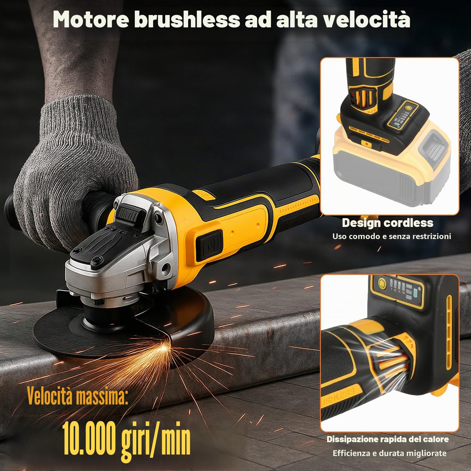 Smerigliatrice angolare senza fili compatibile con batteria Dewalt 18V 20V - Potente strumento smerigliatrice da 125 mm con impostazioni a 3 velocità, motore brushless da 10000 giri/min, protezione