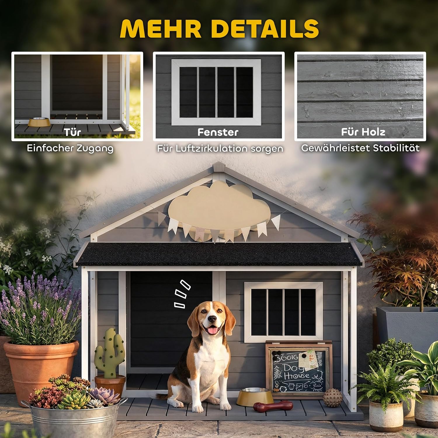 Close-up images showing the dog house's door for easy access, a window for air circulation, and the quality of the wooden construction.