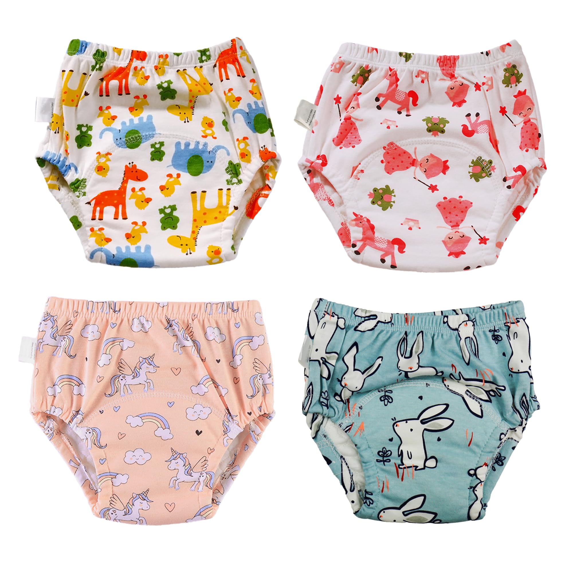 Culotte d'apprentissage Propreté pour Fille Couche Propreté Enfant Lavable Coton Slip Apprentissage Nuit Anti Fuite Arc-en-ciel Éléphant Lapin Imprimée Rose Blanc Bleu pour 2-4 Ans, Lot de 4