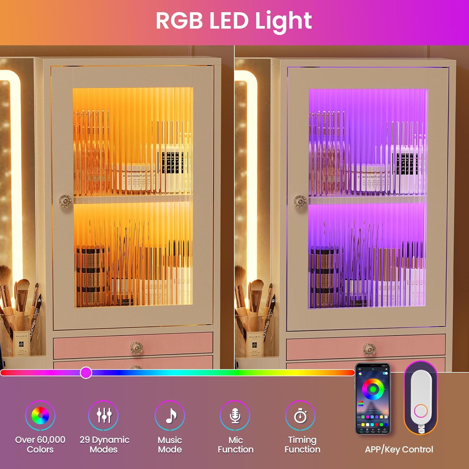 MSmask Makeup Vanity Desk with Mirror and Lights & Large LED Cabinet, Vanity Table with 2 Jewelry Boxes, 6 Drawers & Shelves, Dressing Table with Power Outlets for Women Girls Bedroom, White