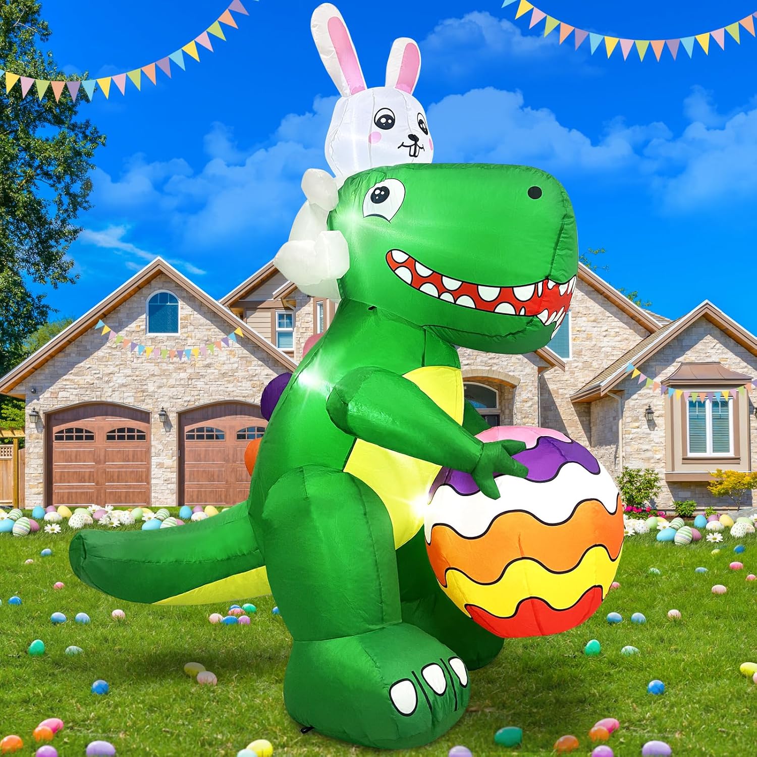 Danxilu 6 FT Easter Inflatables Outdoor Decorations, Giant Dinosaur with Egg & Bunny Blow Up Yard Decoration Built-in LEDs & Poweful Blower for Holiday Party Indoor Garden Lawn Décor