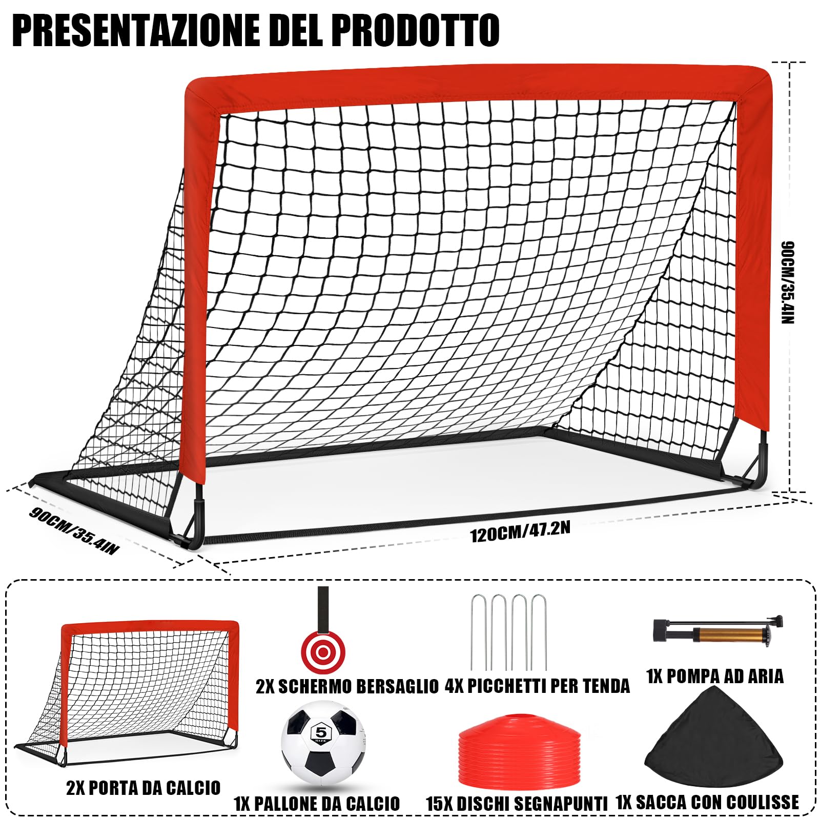 Porte da Calcio per Giardino, Porta da Calcio per 120x90cm, Porticine Da Calcio con Aste In Fibra di Vetro e Reti di Alta Qualità, Bullseye e Borsa per Giardino e Gioco per Interni