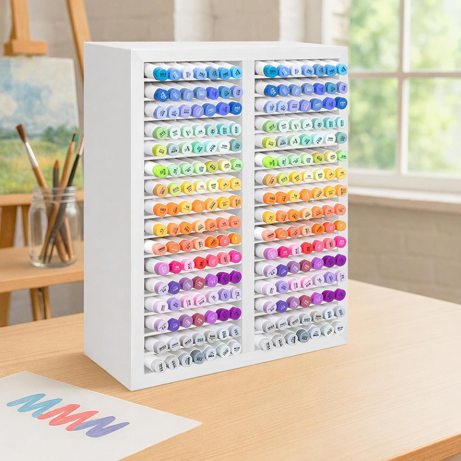 PROLEE Marker Organizer for 224 Markers,Wooden Marker Holder with 32 Slots, Pens Pencils Art Supply Alcohol Markers Storage Organizer for Desk Home Classroom Office Decor (White,15“x11”x5.2 “)