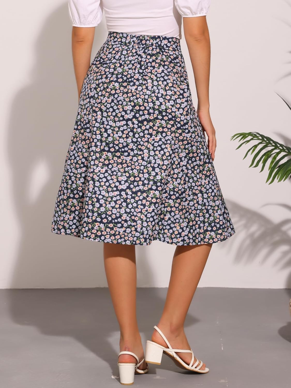 Allegra K Floral Skirt for Women's Elastic Waist A-Line Midi Skirts - Image 4