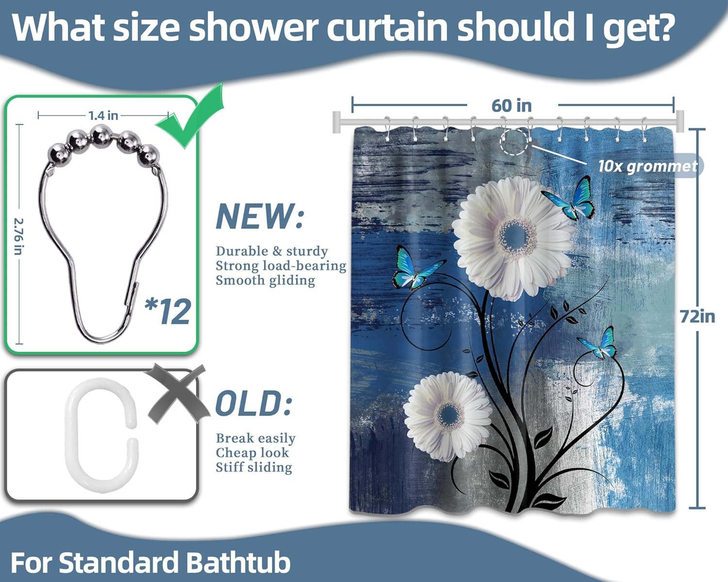 Blue and White Daisy Floral Shower Curtain Rustic Farmhouse Flower Butterfly Shower Curtains for Bathroom Decor, Waterproof Cloth Fabric with Hooks 60 X 72 Inch