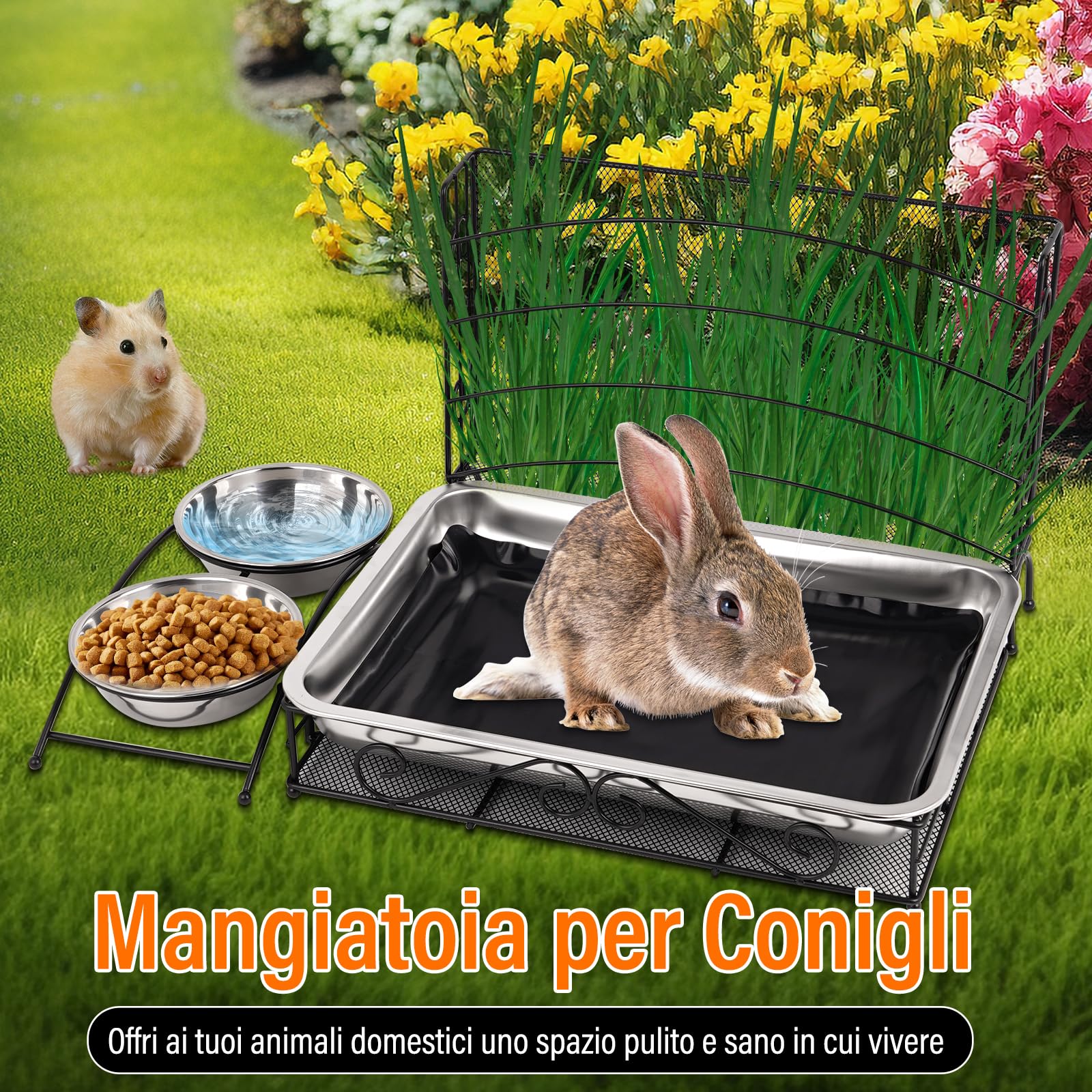 3 In 1 Porta Fieno Per Conigli, Mangiatoia Per Conigli e Lettiera con Tappetino Impermeabile e Ciotola Per L'Acqua Per Piccoli Animali Domestici Coniglio Criceto Dispensatore di Cibo