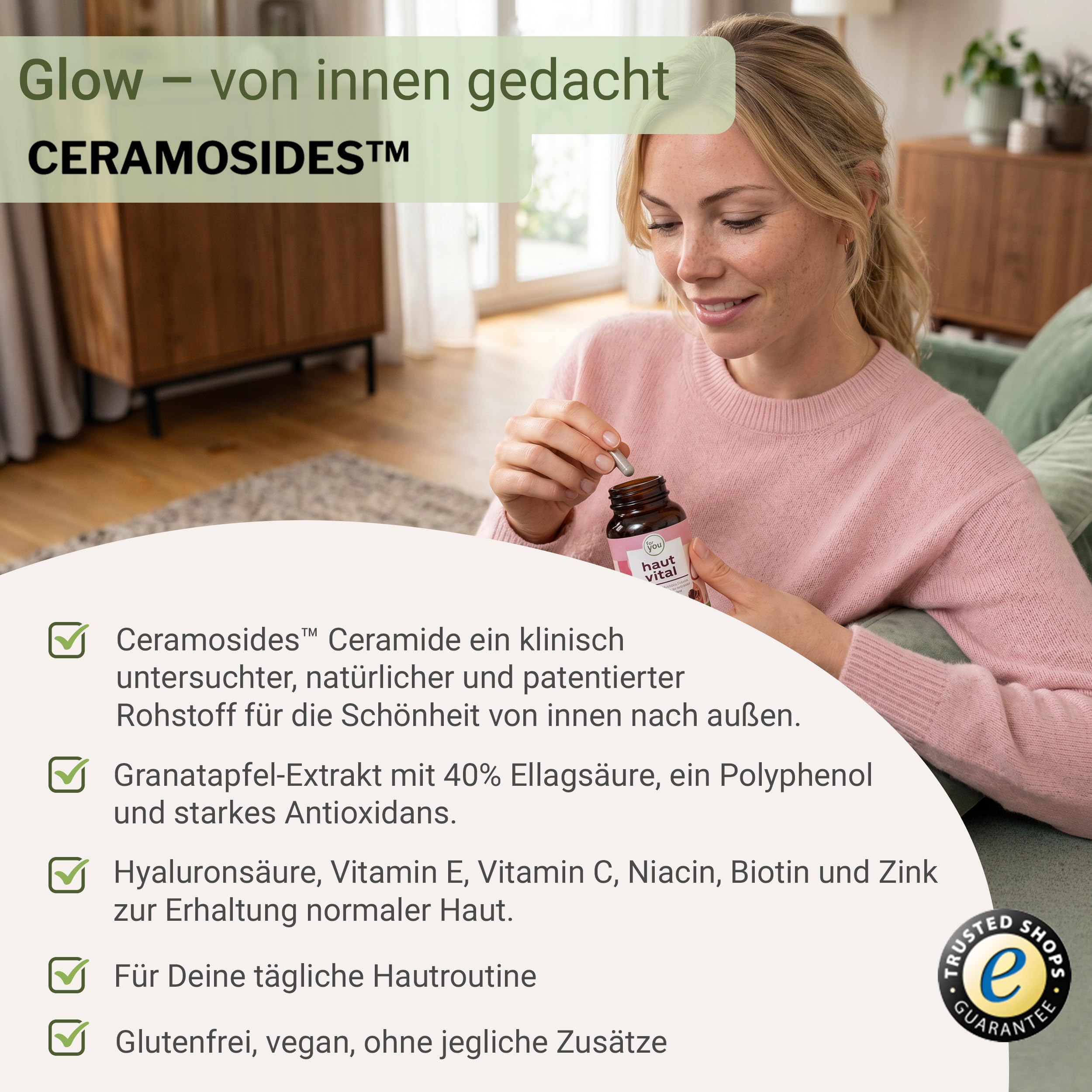 for you haut vital - 2x60 Doppelpack Kapseln mit Ceramosides™ Weizen- Lipid-Extrakt, Granatapfel-Extrakt, Hyaluronsäure, Vitaminen & Mineralstoffen zur Erhaltung normaler Haut - Schönheit von innen