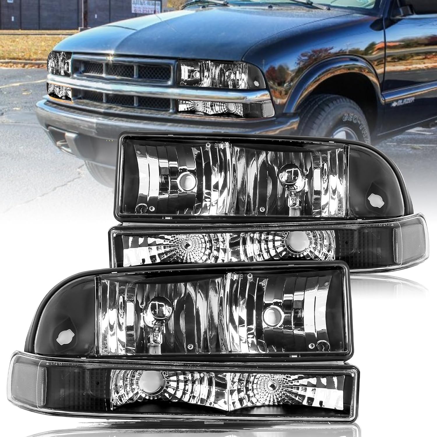 Aosky Headlight Assembly Fit for 1998-2005 Chevy Blazer / 1998-2004 Chevy S10 Pickup with bumper lights 4pcs Chrome Housing with Clear Reflector Bulbs Included