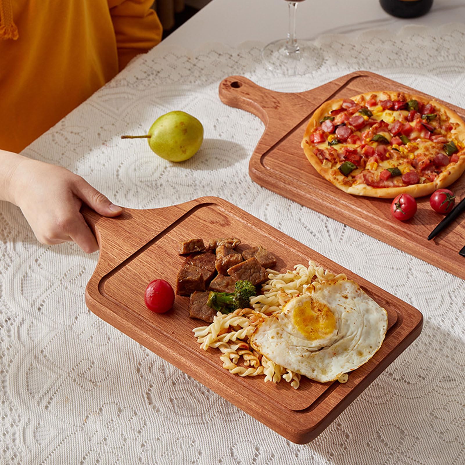 MRKU Bandeja de Madera con asa para Servir Pizza, Filete, Borde Elevado, Ideal para Fiestas, cenas y desayunos.