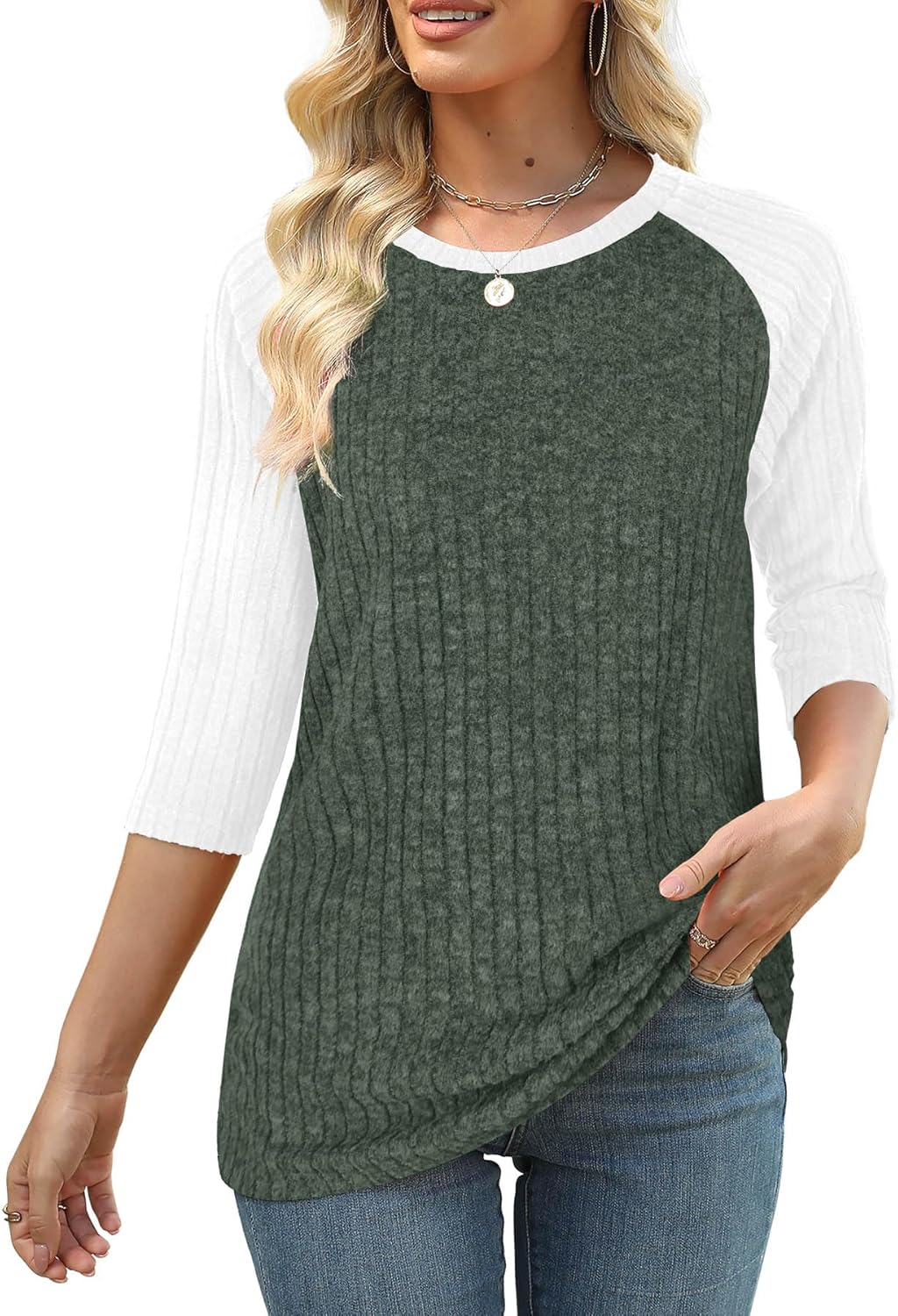 Heymiss Womens Sweaters 3/4 Sleeve Shirts Lightweight Loose Casual Blouses Color Block Tunic Tops - Image 2