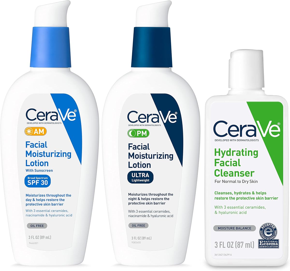 Juego de cuidado de la piel, lavado facial + crema hidratante facial AM y PM, tamaño de viaje | Incluye crema hidratante AM SPF, loción facial PM y lavado facial hidratante para una rutina de cuidado de la piel por la mañana y por la noche
