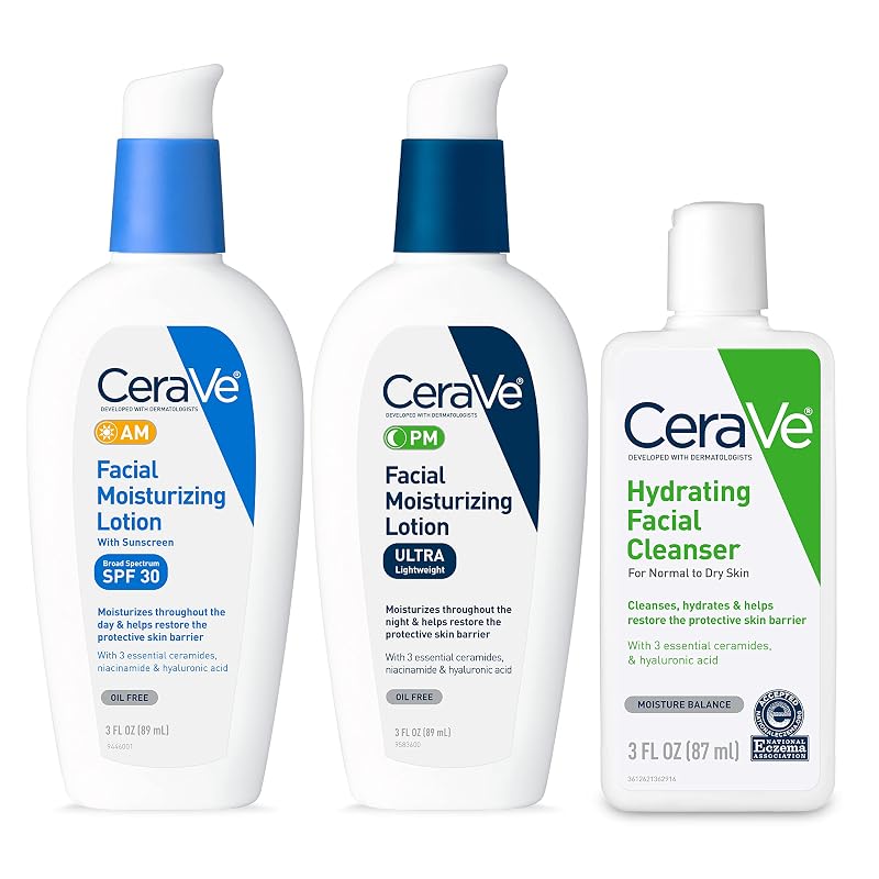 Kit de cuidados faciais CeraVe com limpeza e hidratantes AM e PM, tamanho viagem