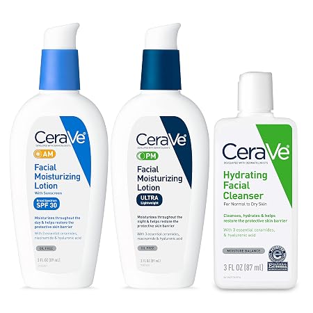 CeraVe AM Face Moisturizer with SPF, PM Facial Moisturizer & Hydrating Face Wash Skin Care Routine for Morning & Night, Travel Size Toiletries, 3oz Lotion + 3oz Lotion + 3oz Cleanser