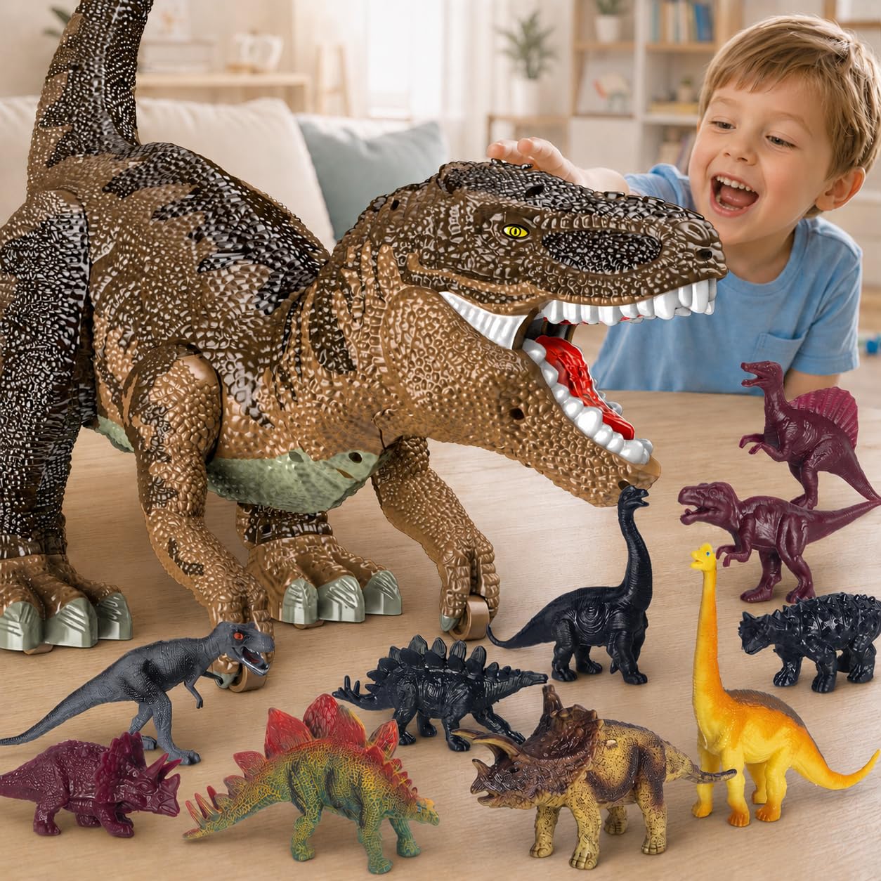 JeeMoien Dinosaur Toys for Kids Ages 3-8, Large Dinosaur T-Rex with Hidden Storage, Jumbo Dinosaur Toy Playset with Dinosaur Figures, Big Dinosaur Gifts for Kids 4-6 5-7, Brown