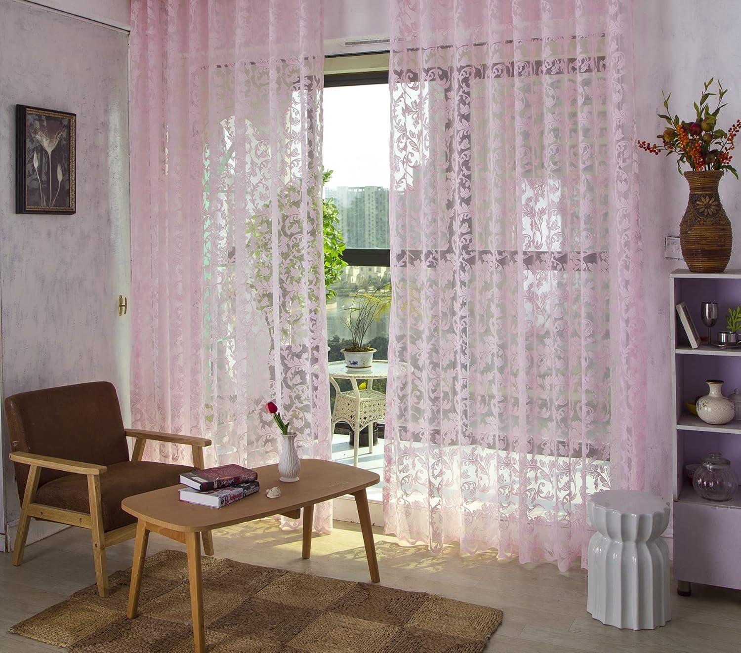 Linen Sheer Curtains Window Treatments Rod Pocket for Living Room Bedroom Country Style High-End Fabric (2 Panels, W 54 x L 90 inch, Pink)