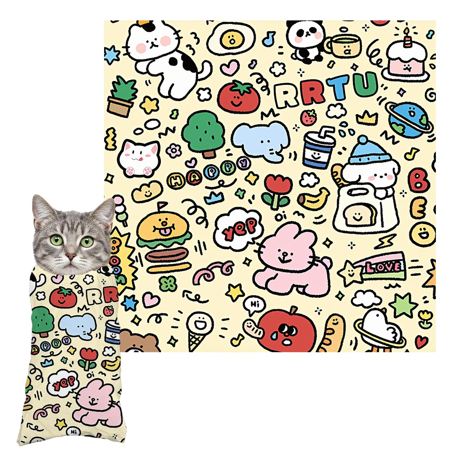 Patchwork Manta de Cuidado para Gatos - 70x70 cm, Arrullo Grande para Gatos de hasta 9 kg, Bolsa Ajustable para Corte de Uñas y Artículos de Aseo