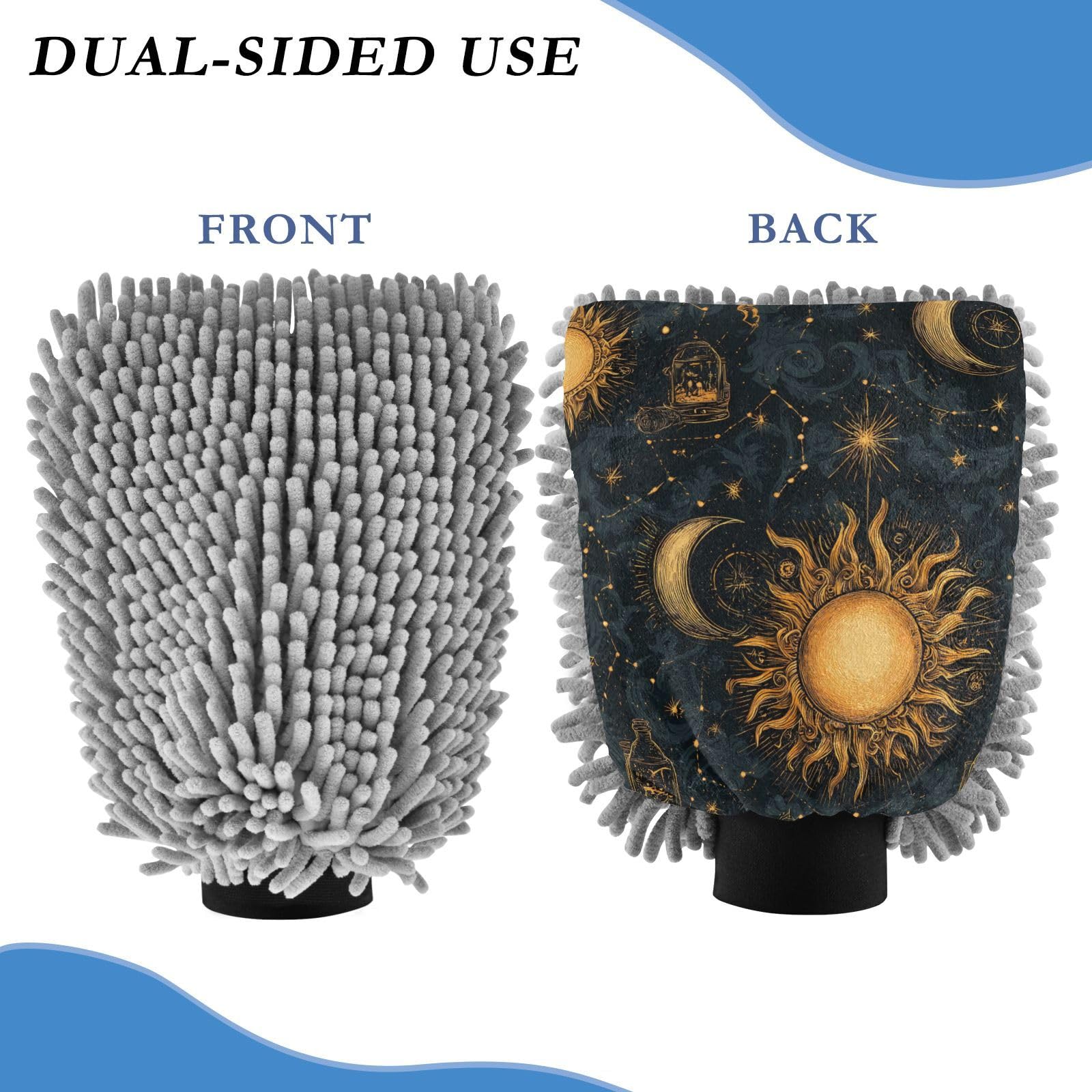 ALAZA Sun Moon Astrology Alchemy Car Wash Mitt Scratch Free, 2 Pack Absorbent Microfiber/Chenille Washing & Drying Mitts, M