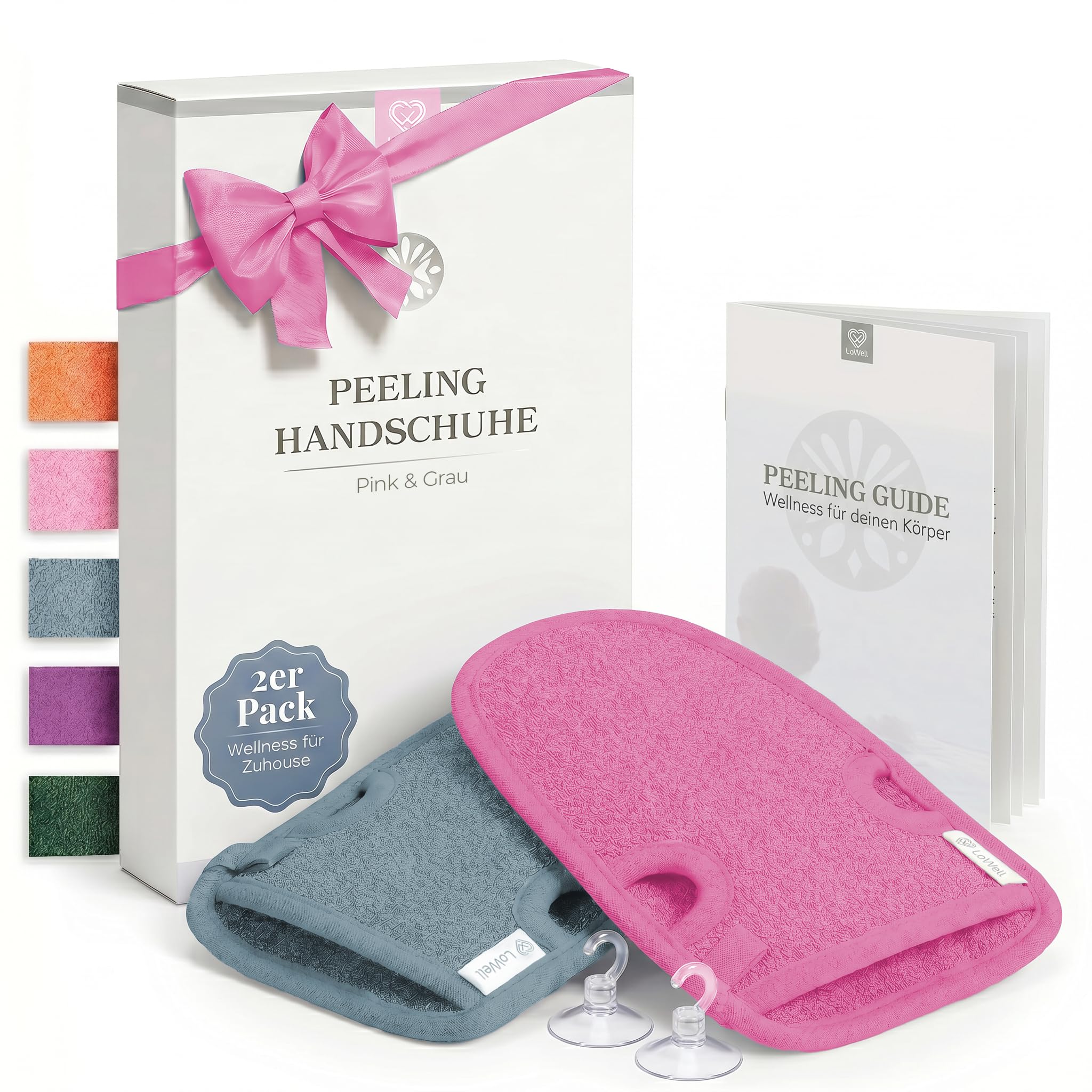 LoWell® Peelinghandschuh 2er Set – Hamam Handschuh für Körper & Gesicht – effektiver Peeling Handschuh zur Hautreinigung – inkl. Peeling Guide & 2 Saugnäpfe – Grau/Pink