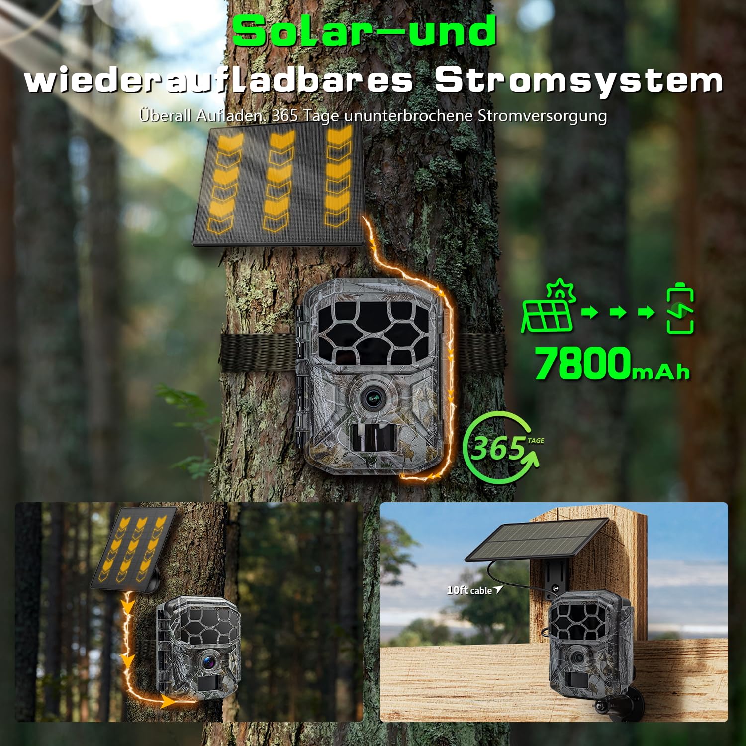 Wildkamera Solar WLAN mit Handyübertragung App 7800mAh Akku - 4K 60MP Wildtierkamera Bluetooth mit Bewegungsmelder Nachtsicht, 32GB SD-Karte, Nachtsichtkamera 0,1s Auslösezeit, IP66 Wasserdicht