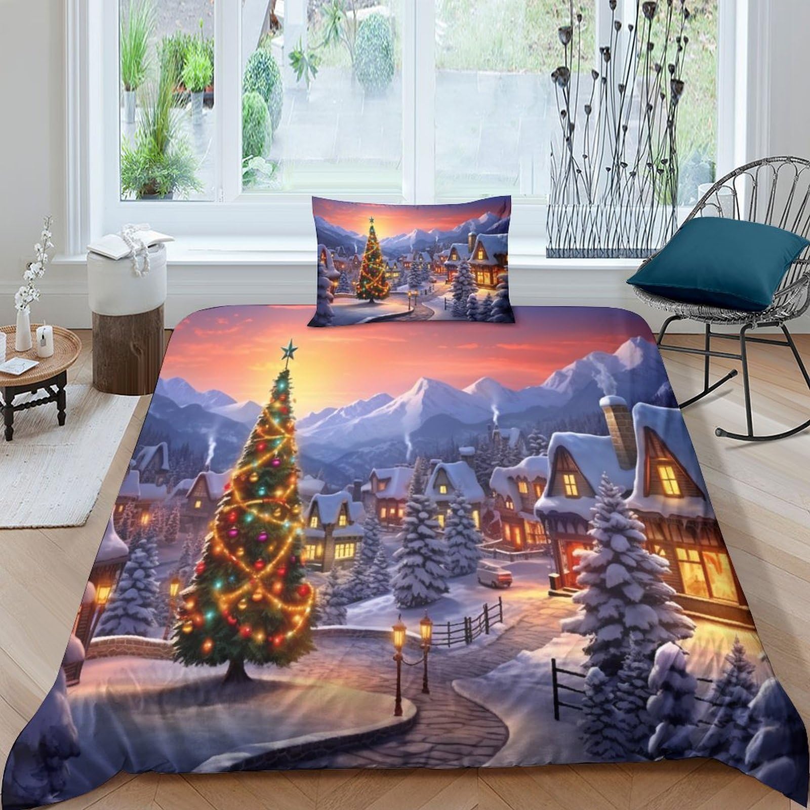Housses de couettes de Noël lit enfant motif chalet et nuit enneigée 135x200