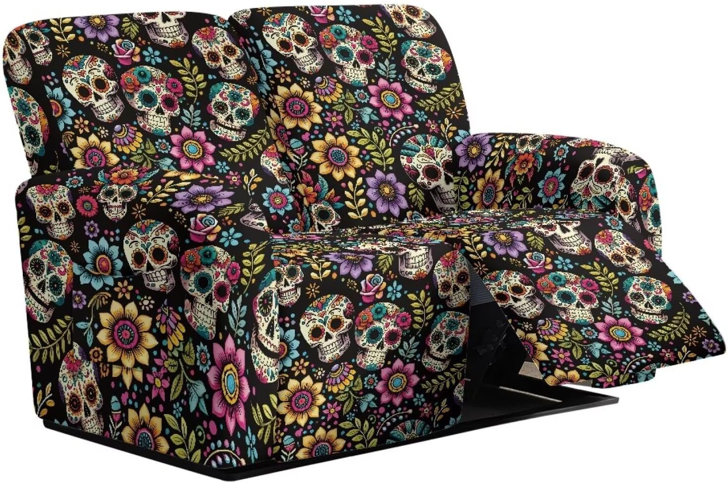 2 Seat Loveseat Recliner Cover Skull Pattern Reclining Slipcovers 2 Seater, Washable Recliner Sofa Covers Furniture Protector for Pets Stain
