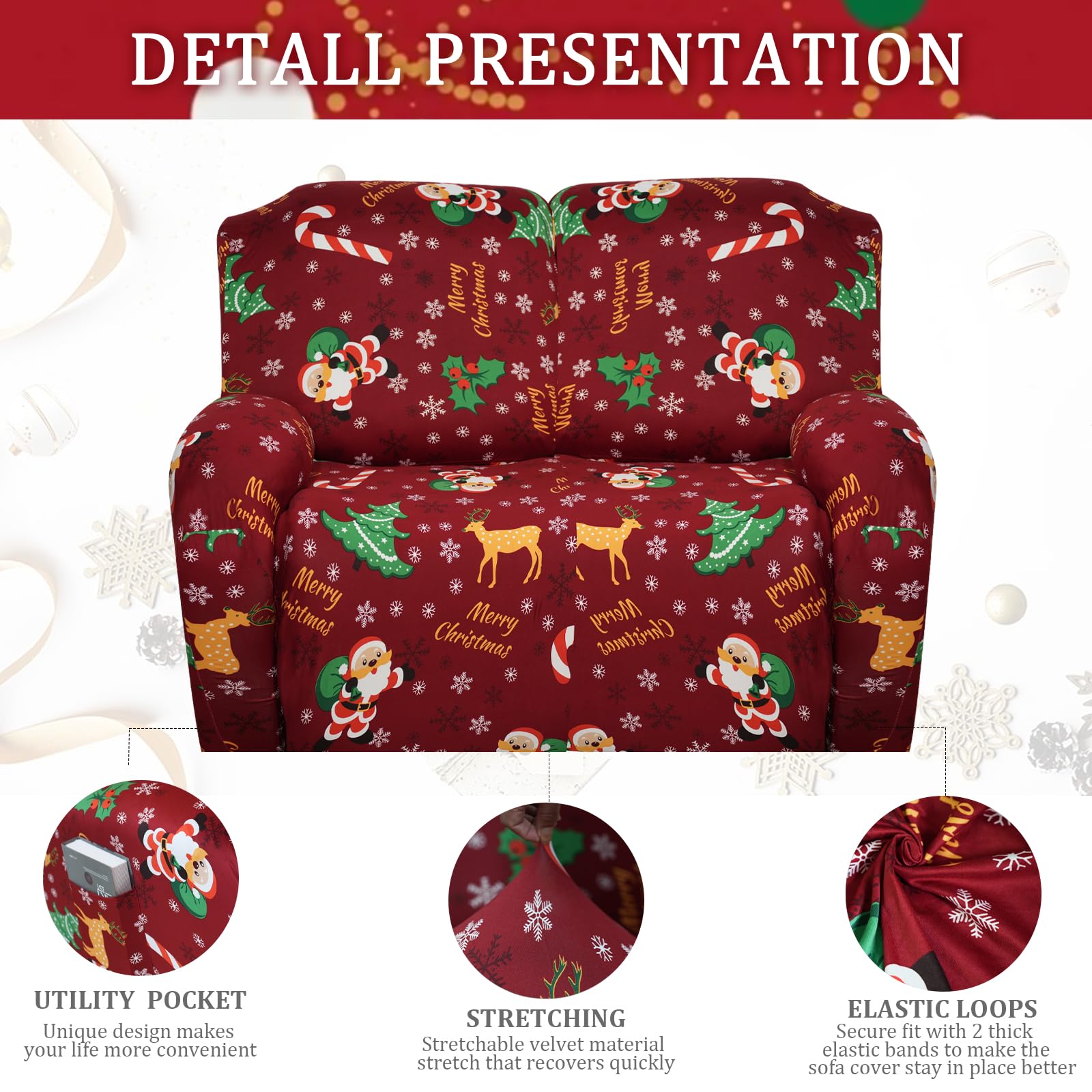 Jaotto Copridivano Natalizio Relax 2 Posti Reclinabile Copripoltrona Relax Reclinabile con Tasche 8-Pezzi Copridivano Fantasia Lavabile Xmas Coperture per Divano da Massaggio,Ladro