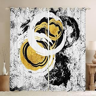 Manfei Geometric Window Curtains Modern Abstract Window Drapes for Kids Boys Girls Room Decor, Grunge Black White Gold Window Treatments Grommet Top 2 Panel Set Bedroom Curtains, 52Wx63L inch