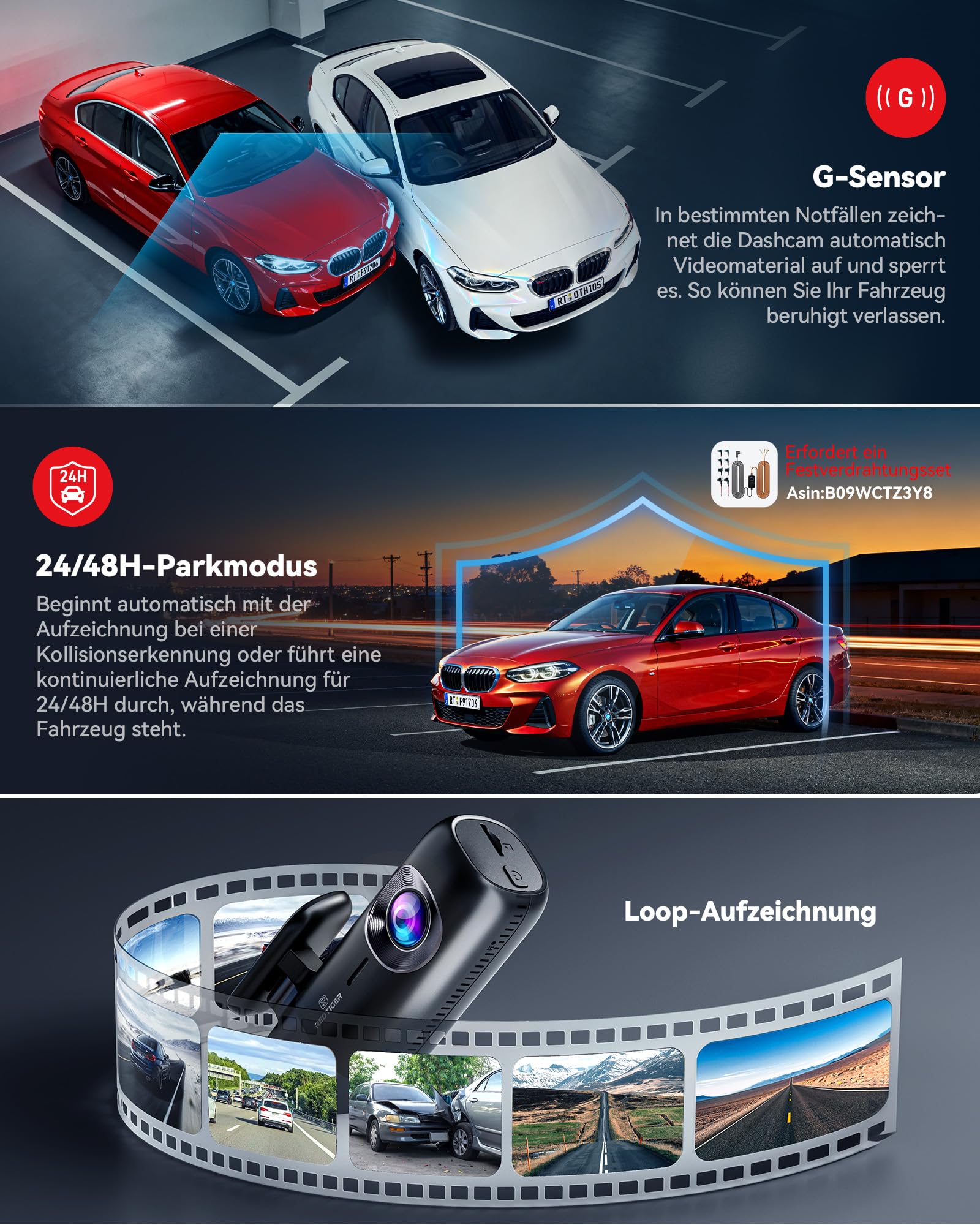 REDTIGER F9 Dashcam Auto vorne hinten 4K/1080P, 5.8GHz WiFi GPS Autokamera | Sprachansage, Schleifenaufzeichnung, Nachtsicht, Parkmodus, intelligente App-Steuerung, Unterstützung bis zu 256GB