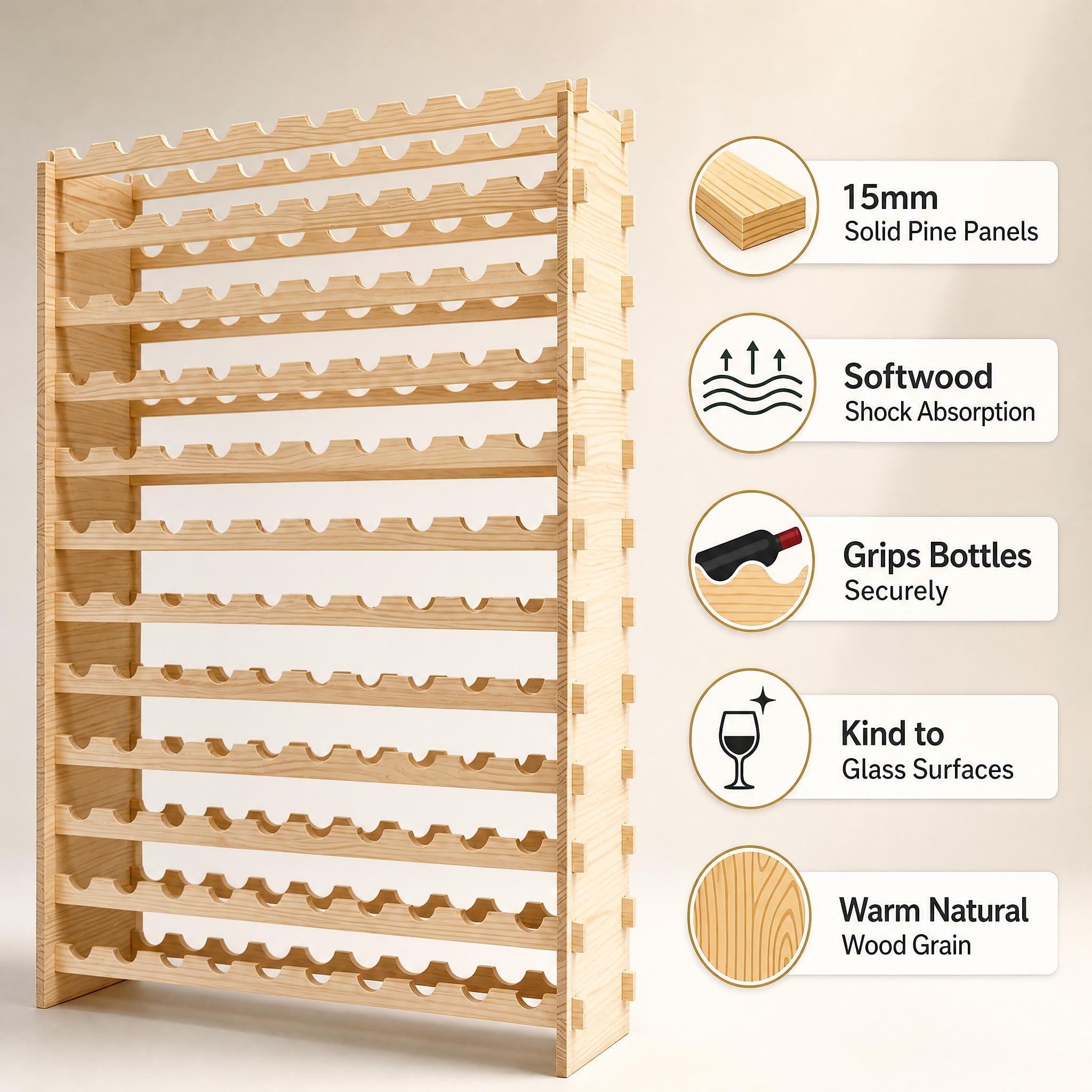 GarveeTech Weinflaschenregal 36 Flaschenständer Stapelbares Weinregal aus Kiefernholz, stabile Zapfenverbindung, Natur‑Optik, platzsparend für Küche, Wohnzimmer, Bar