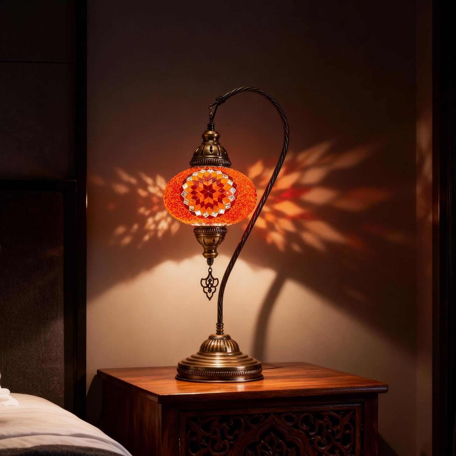 Mozaist Turkish Lamp, Swan Neck Mosaic Table Lamp, Moroccan Decorative Glass Antique Bohemian Vintage Lamp Shade, Tiffany Desk Bedside Stained Glass Lamp with US Plug and E12 Socket