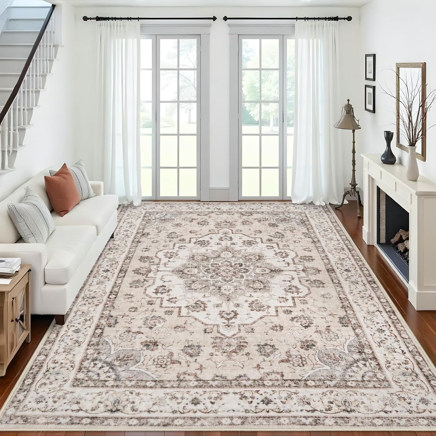 washable 9x12 large area rug: non-slip stain resistant living room rugs vintage lightweight durable bedroom carpet soft medallion farmhouse floor mat for dining room home office 9x12 beige/cream 9' x 12' (rectangular) cream beige