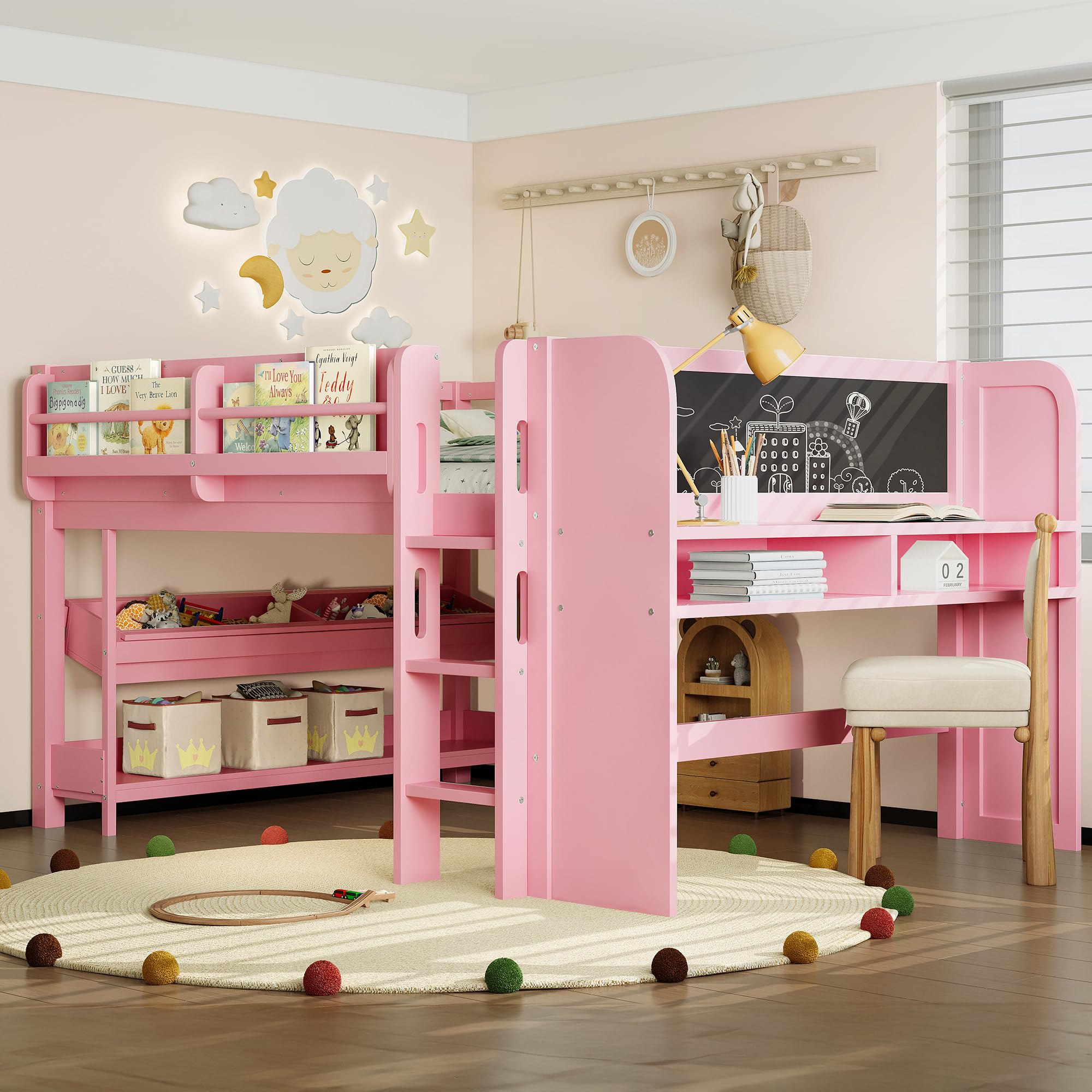 Full Loft Bed with Multi-Storage Bookcases, Boxes and Drawers, Solid Wood Low Loft Beds with Desk and Blackboard, No Box Spring Needed (Pink-02)
