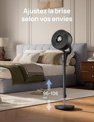 DREO Ventilateur sur Pied Silencieux pour Chambre [Amélioré], Flux d’Air 27m, 20dB, Oscillation 90°, Moteur DC, 8 Vitesses, 3 Modes, Hauteur 96–106 cm, Minuterie 8H, Inclinaison 105° - 8