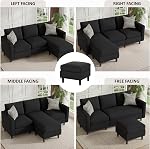 Small Sectional Couch Sofas, 3 Seat L Shape Sofa with Ottoman, Fabric Upholstered Convertible Sofa Couches, Small Couch for Apartments, Living Room and Office (Black)