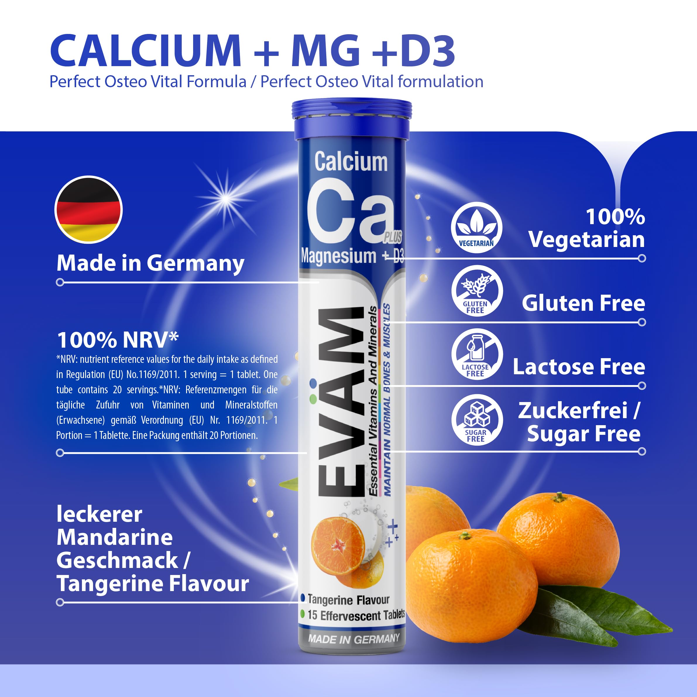 Calcium Magnesium D3 Brausetabletten I Geschmack Mandarine I 24x 15 Stück I Nahrungsergänzungsmittel zur Unterstützung von Knochen und Muskeln I für Vegetarier geeignet I Made in Germany