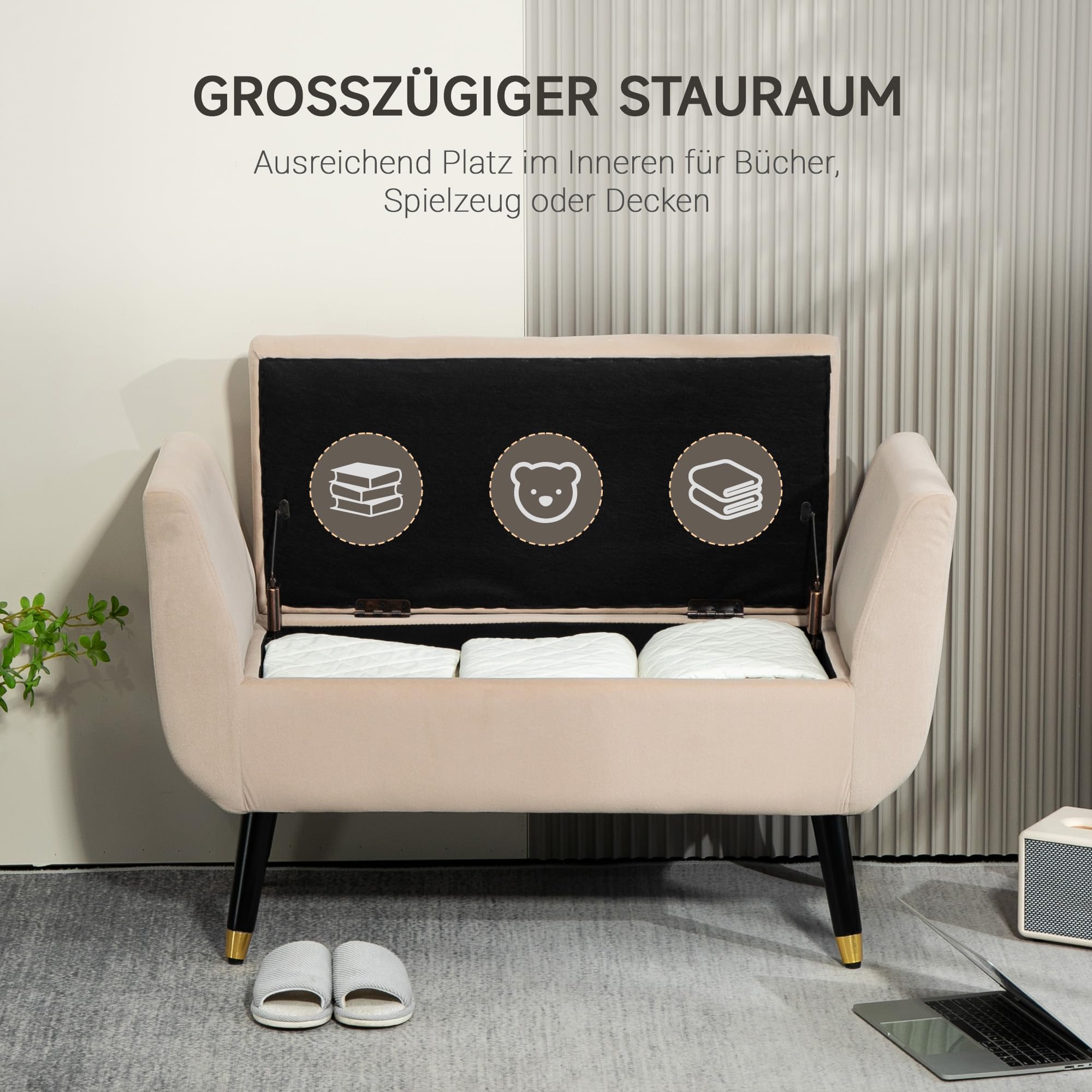 HOMCOM Sitzbank mit Stauraum Armlehnen Polsterbank mit Samtoptik, Sitztruhe mit Holzbeine, Truhenbank für Wohnzimmer Schlafzimmer Flur 107 x 42 x 65 cm, Beige