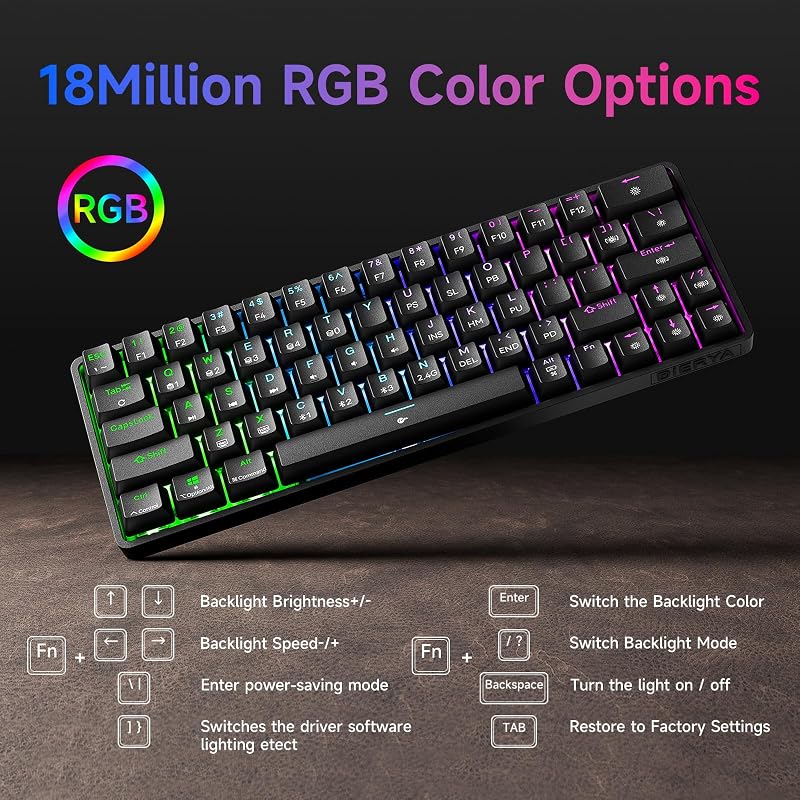 Dierya DK63 Vezeték Nélküli Mechanikus Gamer Billentyűzet, 60% Kompakt, RGB Háttérvilágítás, Bluetooth/2.4G/USB-C, Lineáris Piros Kapcsoló