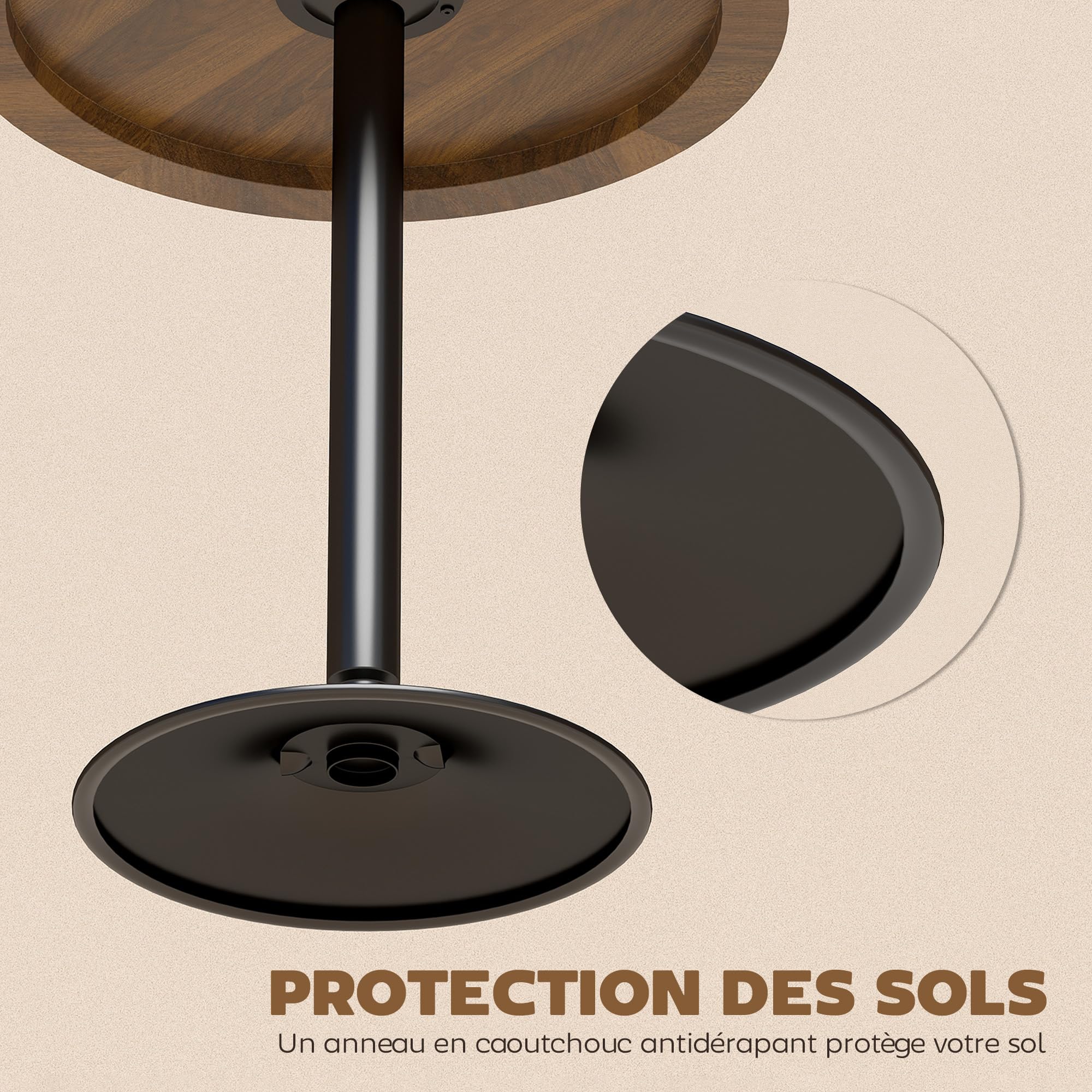 HOMCOM Table de Bar Ronde 60 cm, Table Haute Cuisine Mange-Debout avec Patins antidérapants, Cadre en métal, pour Cuisine, Salon, Noyer