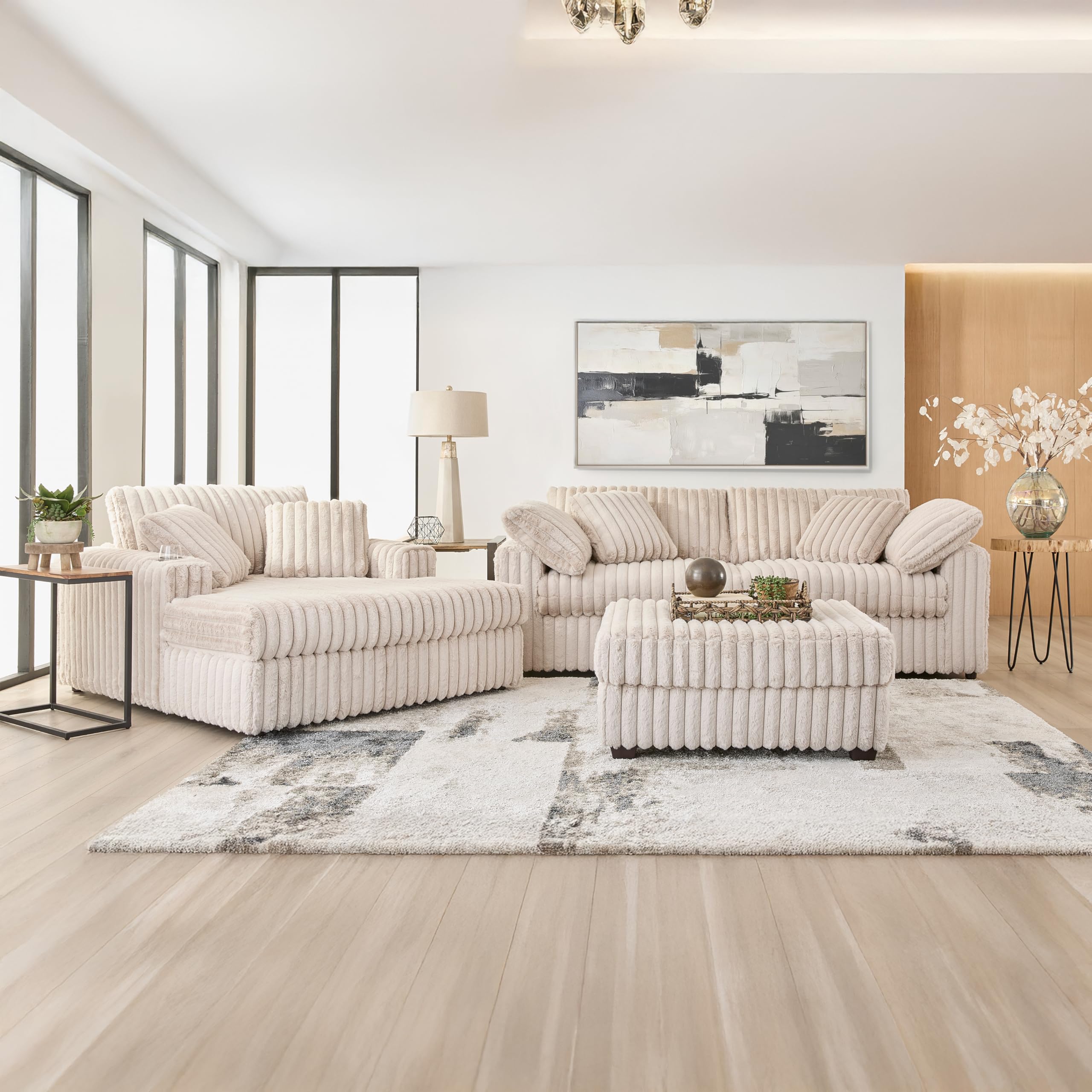 Roundhill Furniture Belvoir 3-Piece Living Room Set, Sofa Cuddle Chaise and Ottoman, Beige Champagne