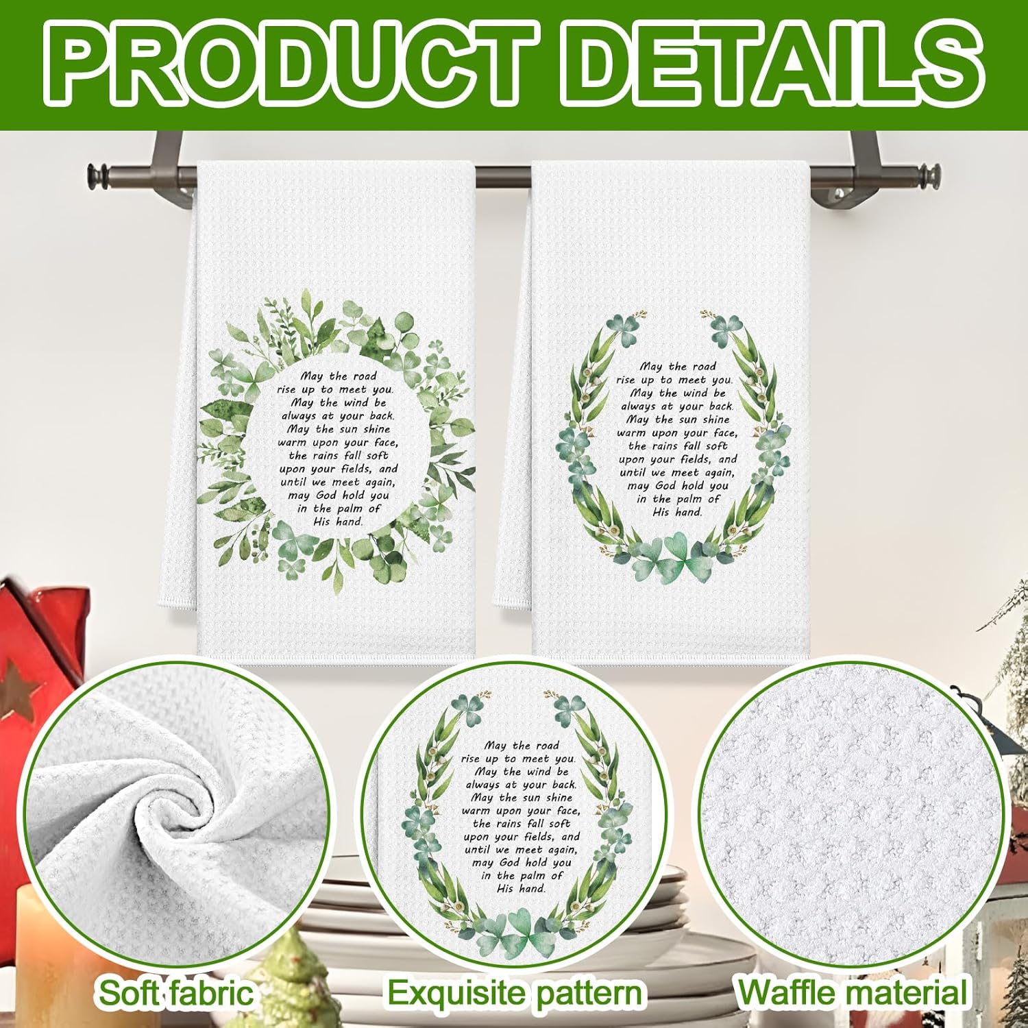 Mimorou 4 Pcs Irish Blessing Kitchen Towel St. Patrick's Day Gifts for Women Ireland Waffle Weave Greeting Dishtowels Irish Hand Lucky Clover Towels for Women Table Decorations 16x24 Inch - Image 2